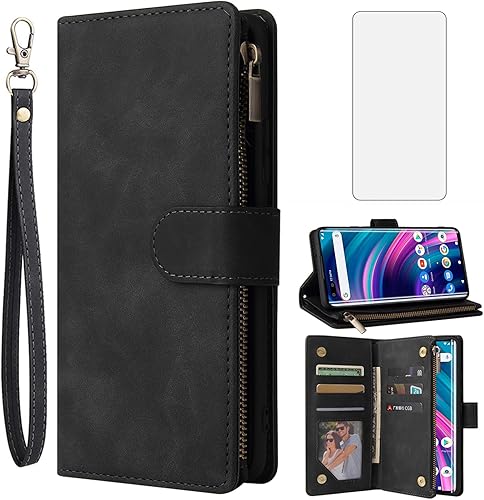 Asuwish Funda compatible con BLU Bold N2, protector de pantalla de vidrio templado y funda de cuero con tapa para tarjetero, accesorios para
