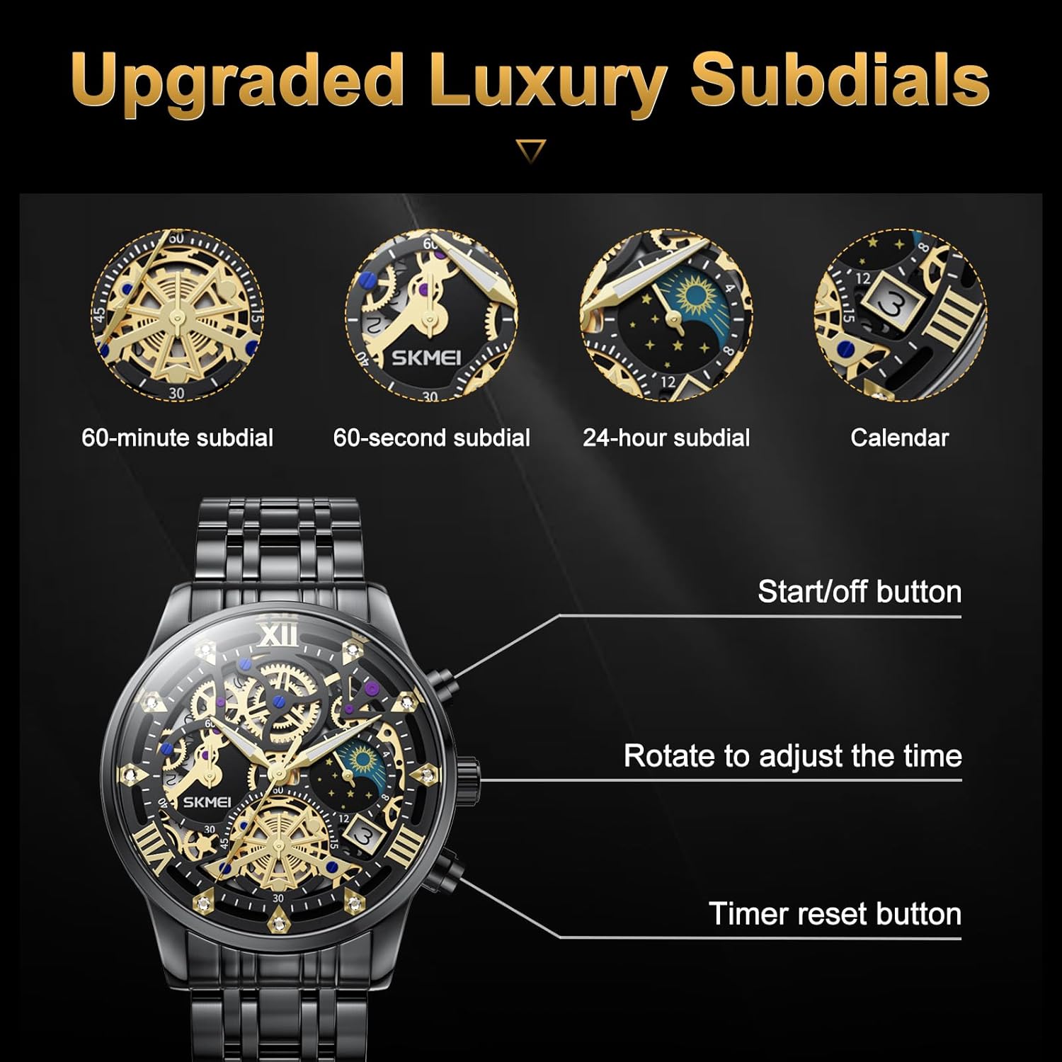 Watch with labeled buttons and subdials