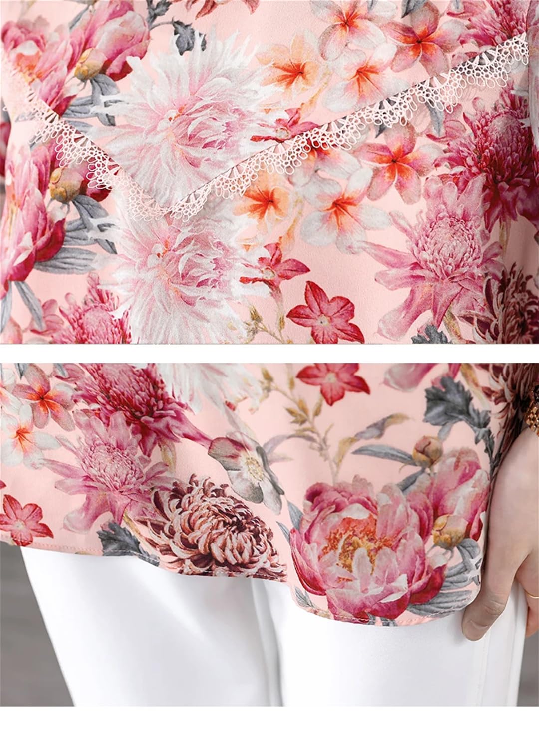 Camicia da donna in seta con stampa floreale in chiffon a maniche svasate estate O-collo sottile manica corta sottile