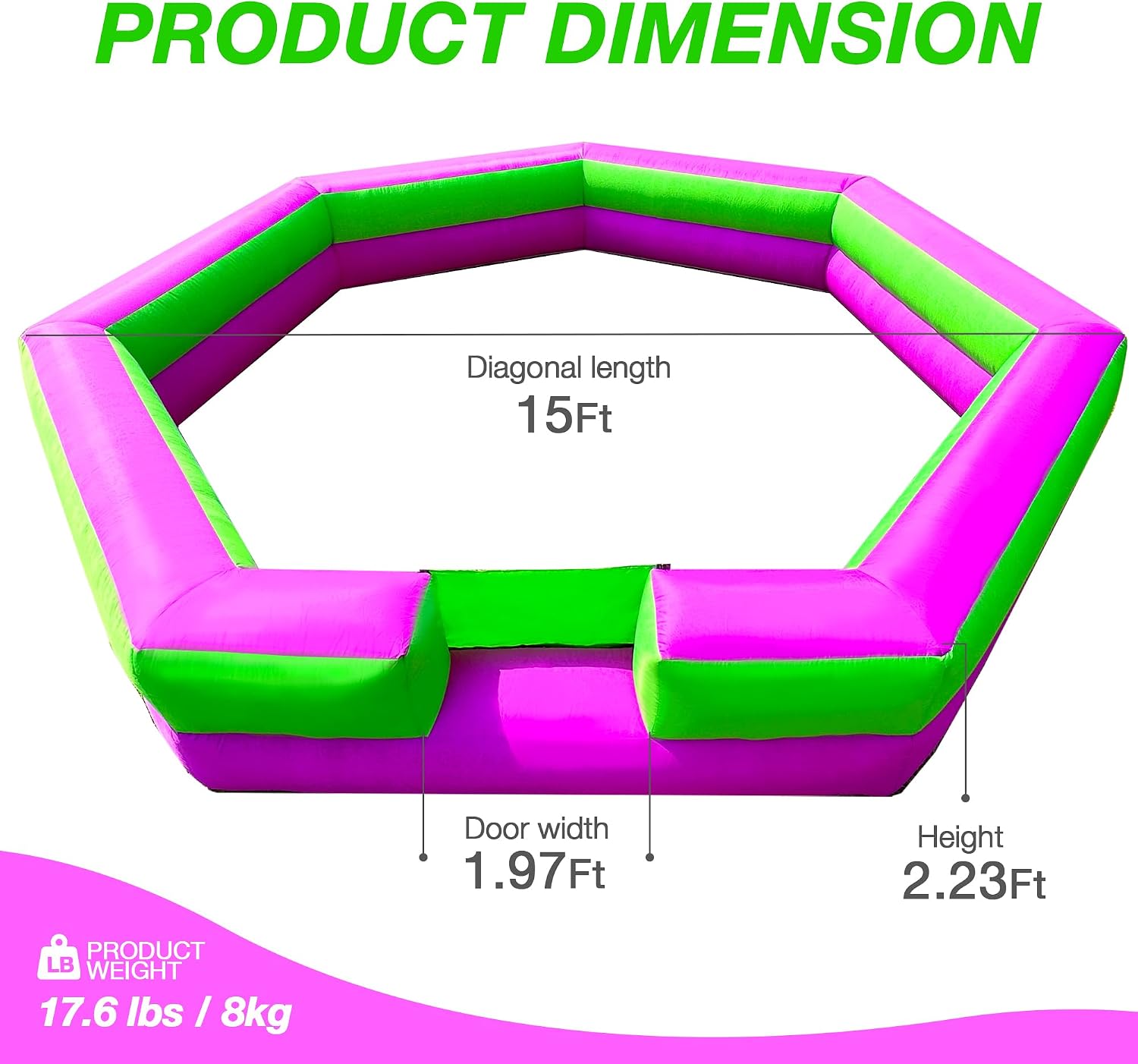 OZIS 15FT Inflatable Gaga Ball Pit with Gagaball, Portable Gagaball Court for Indoor/Outdoor Sports, Family Activities Easy to Setup (GreenPurple)