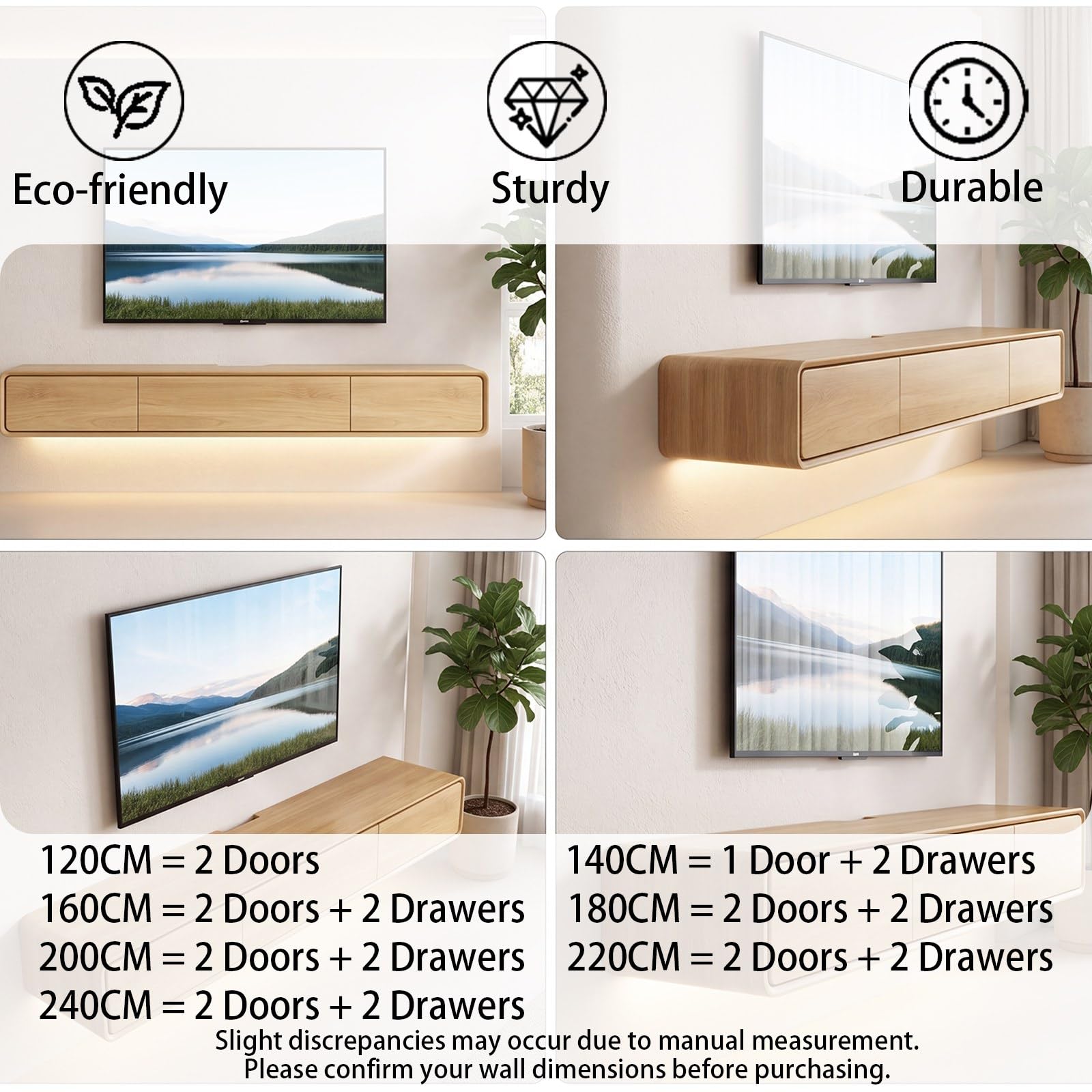 Mueble de TV de Madera Maciza,Mueble de TV Flotante, Mueble Bajo de Pared para TV, Adecuado para el Salón y el Dormitorio,Madera 220CM-LED