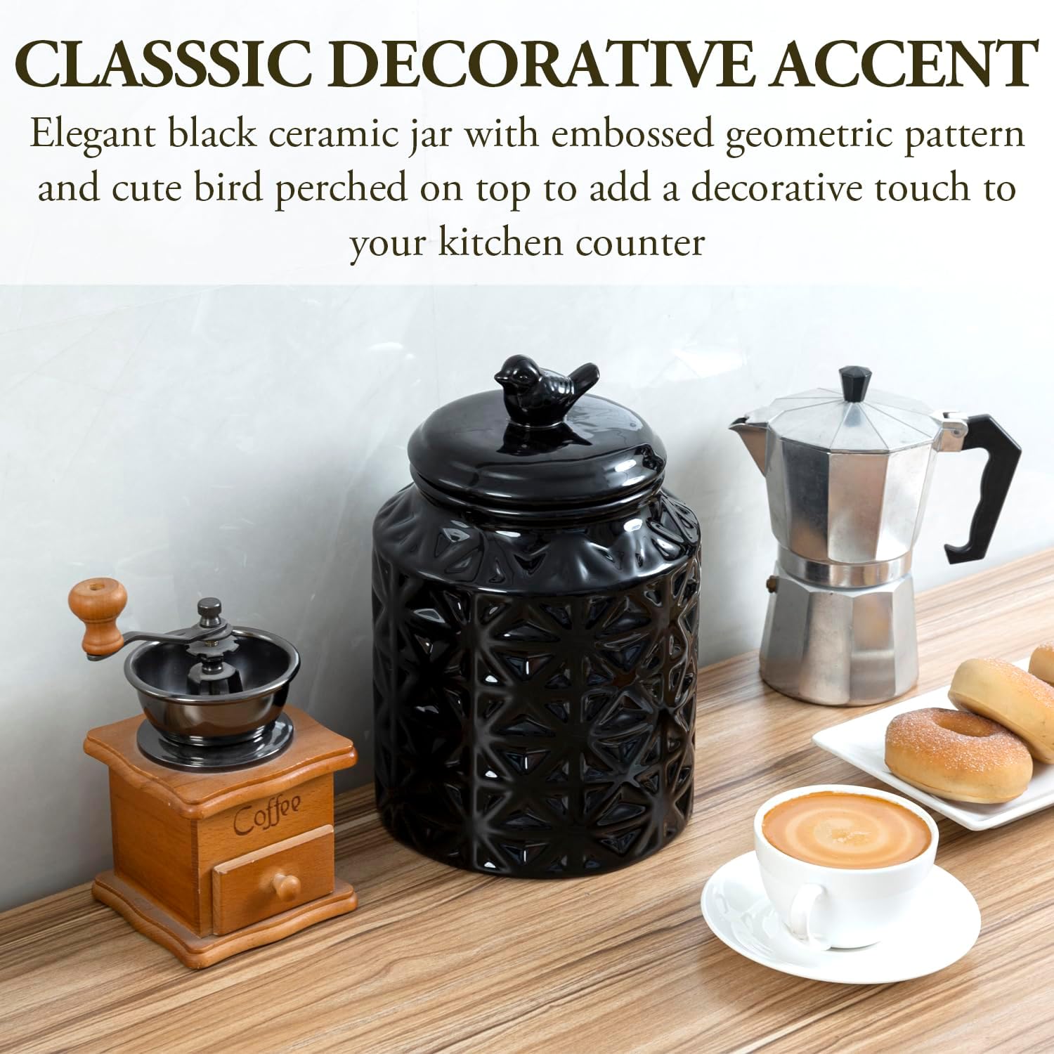MyGift 6 Inch Round Black Ceramic Cookie Jar with Airtight Lid and Bird Shape Top Handle, Vintage Style Kitchen Canister with Embossed Geometric Star Pattern