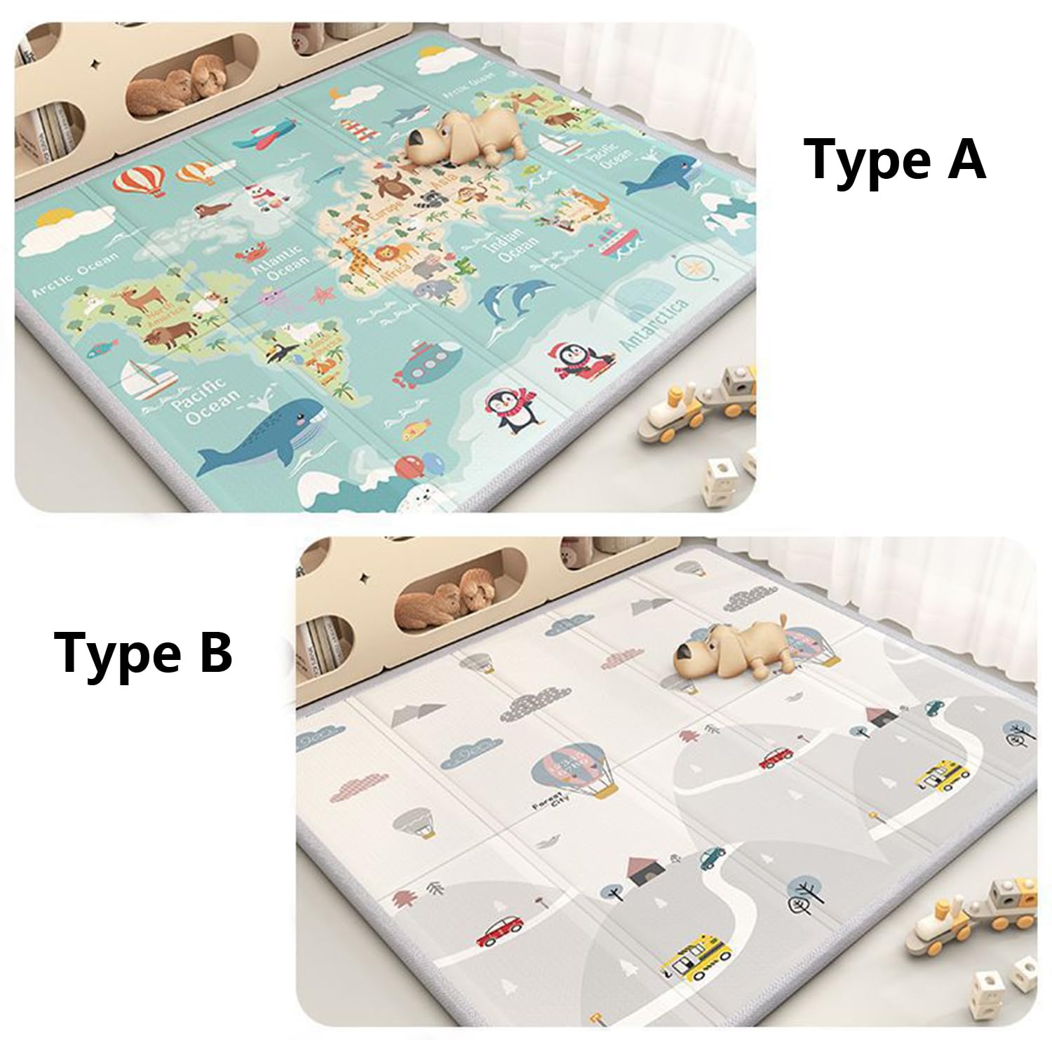 Tappetino da Gioco per Bambini,Reversibile Pieghevole E Morbido,Impermeabile,Facile Pulire,Ideale per La Camera Letto Sala Giochi della Cameretta dei Bambini(200 * 150 * 1.5cm,B)