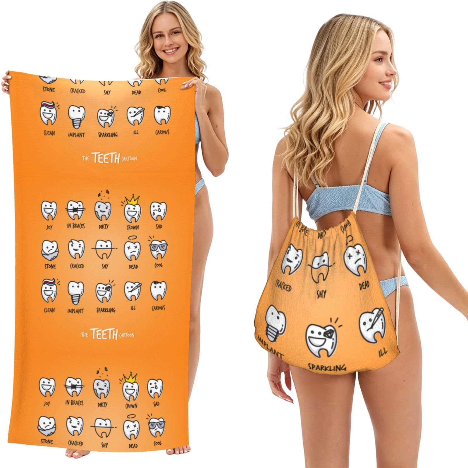 Poadnly As Picture Cute Cartoon Teeth, 2 In 1 Packable Towel Bag, Beach Towels With Drawstring Backpack For Travel Holiday Camping