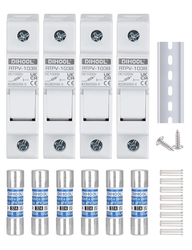 DIHOOL Kit de fusível solar 32 A com suporte para trilho DIN, 1000 V DC, 10 x 38 mm, 4 peças