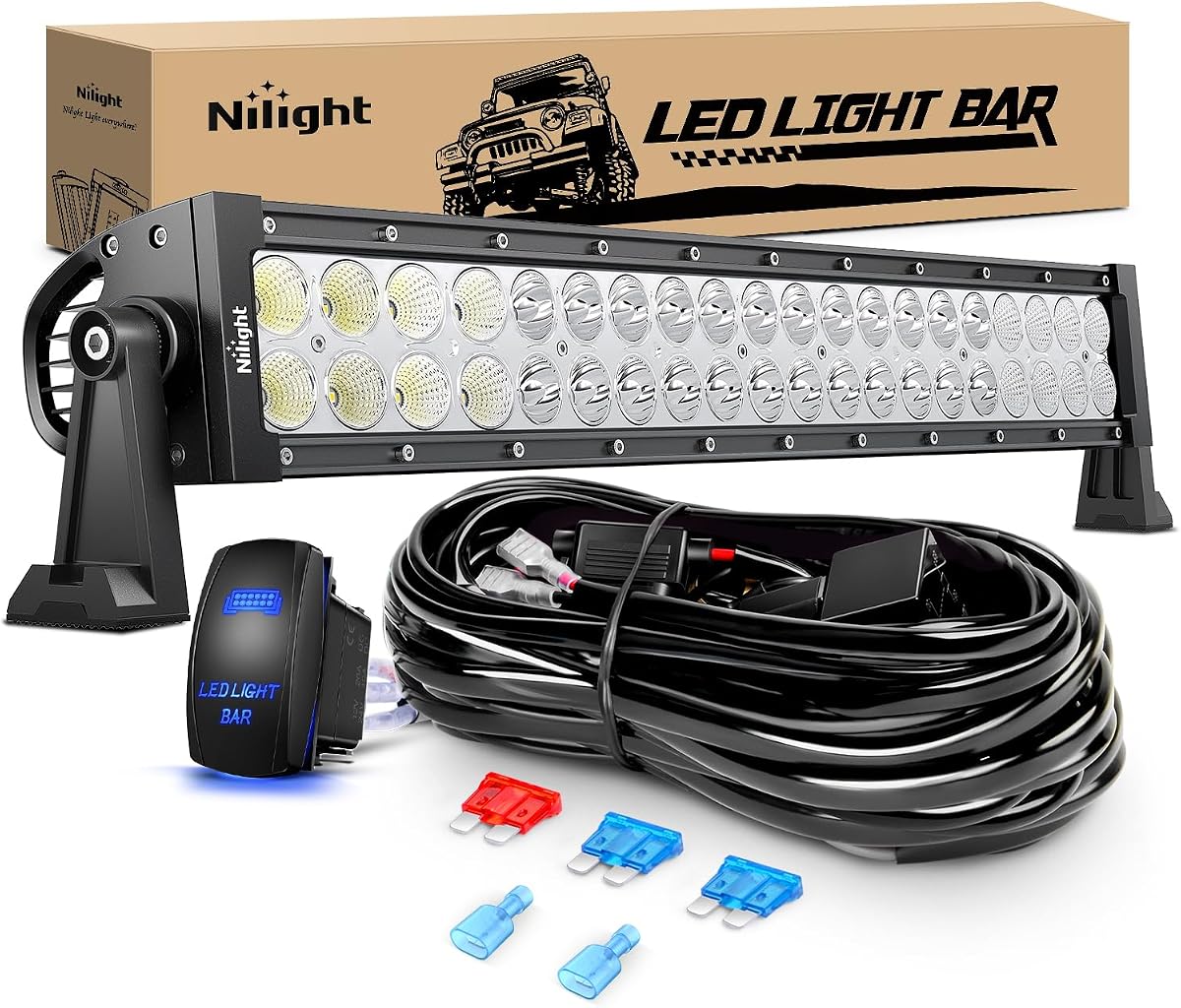 22Inch 120W Spot Flood Combo Led Light Bar Off Road Driving Lights Boat Lights Fog Light 12V On/Off 5 Pin Rocker Switch Power 16AWG Wiring Harness Kit-1 Lead for Trucks,2 Years Warranty
