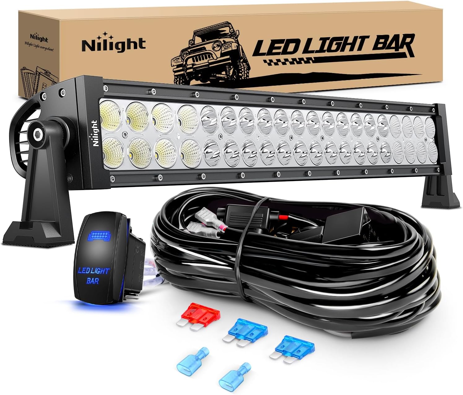 Nilight 22Inch 120W Spot Flood Combo Led Light Bar Off Road Driving Lights Boat Lights Fog Light 12V On/Off 5 Pin Rocker Switch Power 16AWG Wiring Harness Kit-1 Lead for Trucks,2 Years Warranty