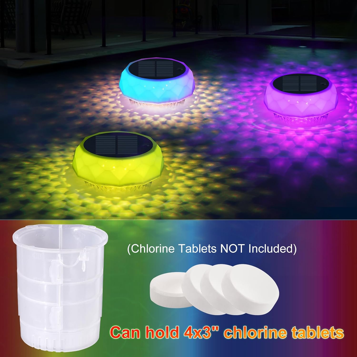 Solar Pool Chlorine Floater with Automatic Darkness-Sensing Light - Floating Dispenser Holds 3" Tablets (Not Included), Anti-Sinking Chlorinator & Bromine Holder for Pool SPA Party-2 Pack