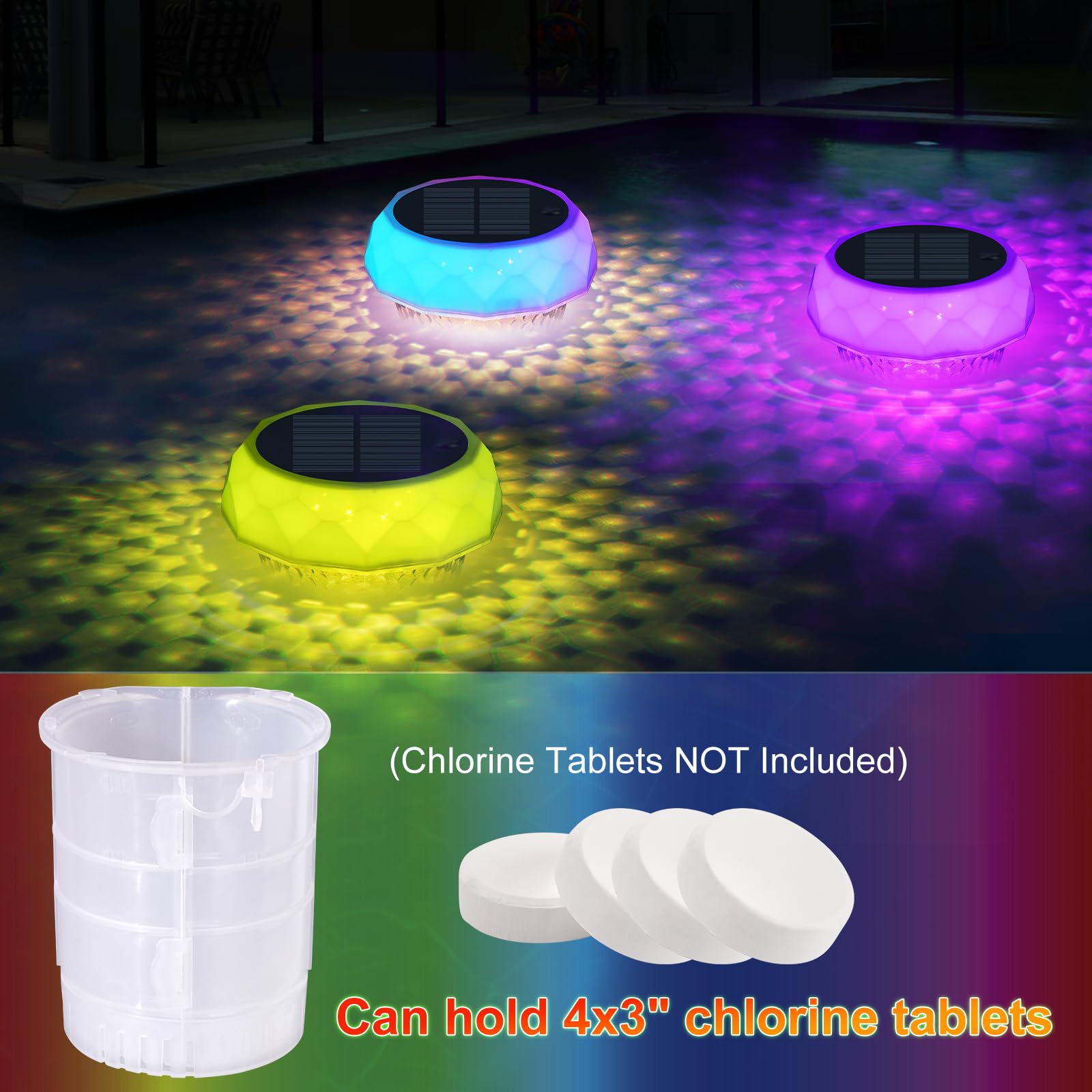 Lot de 2 flotteurs de chlore solaires pour piscine avec lumière automatique à détection de l'obscurité – Distributeur flottant pour tablettes de 7,6 cm (non incluses), chlorinateur anti-coulement et