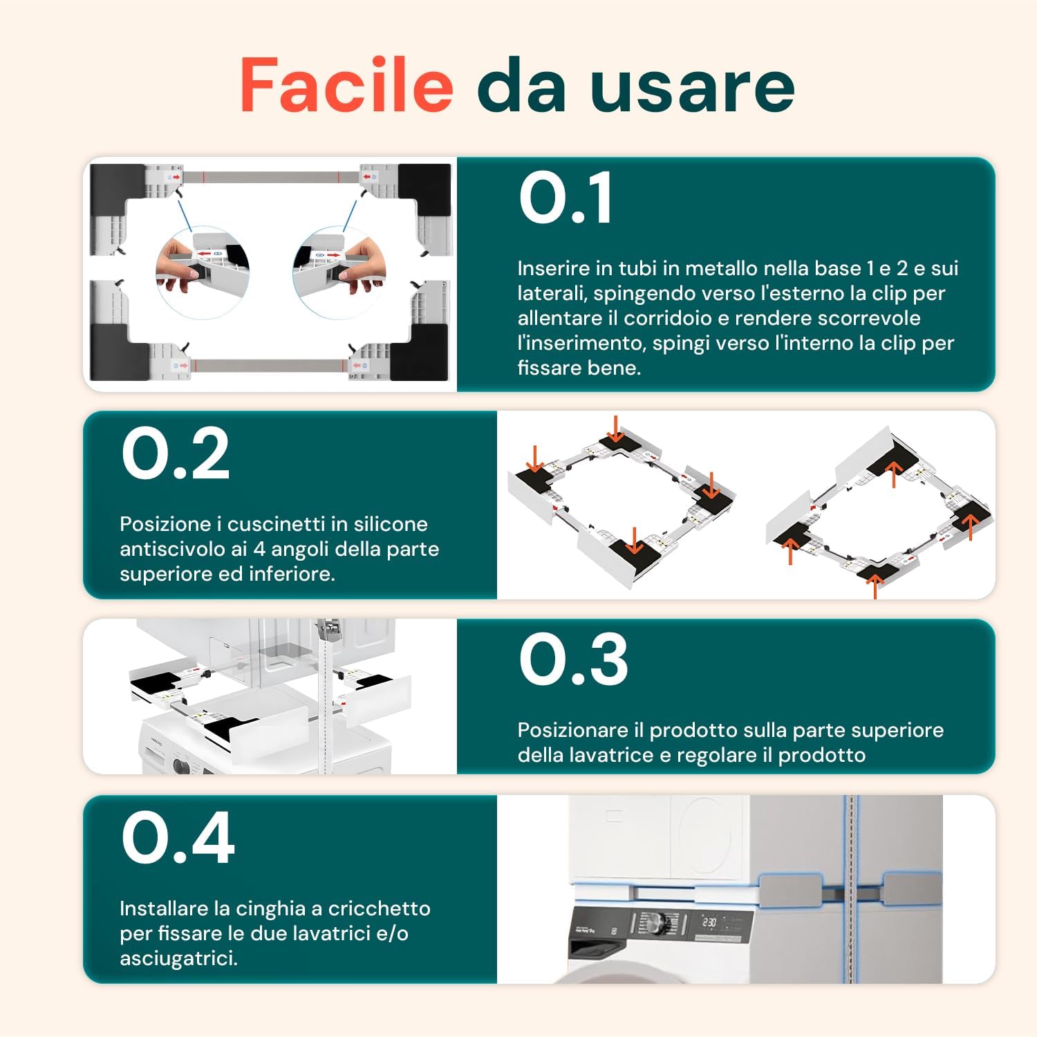 Wintem - Set per Sovrapposizione di Lavatrice ed Asciugatrice 46-66 cm con Cuscinetti in Silicone Anti-Scivolo, Facile Montaggio con Cinghia a Cricchetto, Supporto Salvaspazio Universale Resistente0