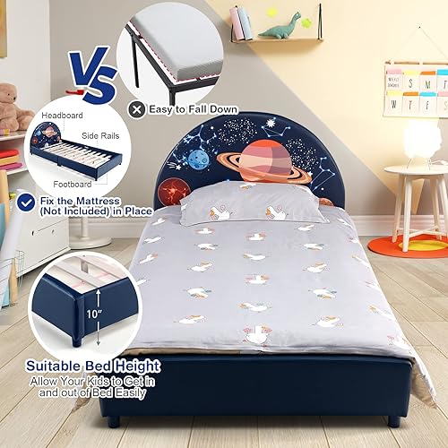 Miniatura 4 de Costzon Base de cama individual para niños, plataforma de cama individual tapizada de madera con soporte de listones, cabecera y estribo acolchados,