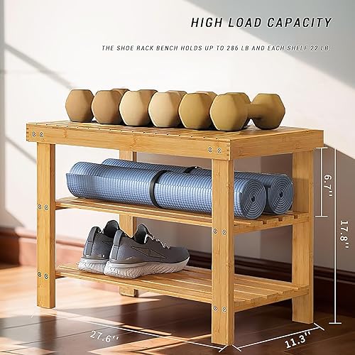 Miniatura 3 de Zapatero de bambú de 3 niveles, banco organizador de almacenamiento de zapatos, banco de entrada, zapatero para entrada de puerta delantera,