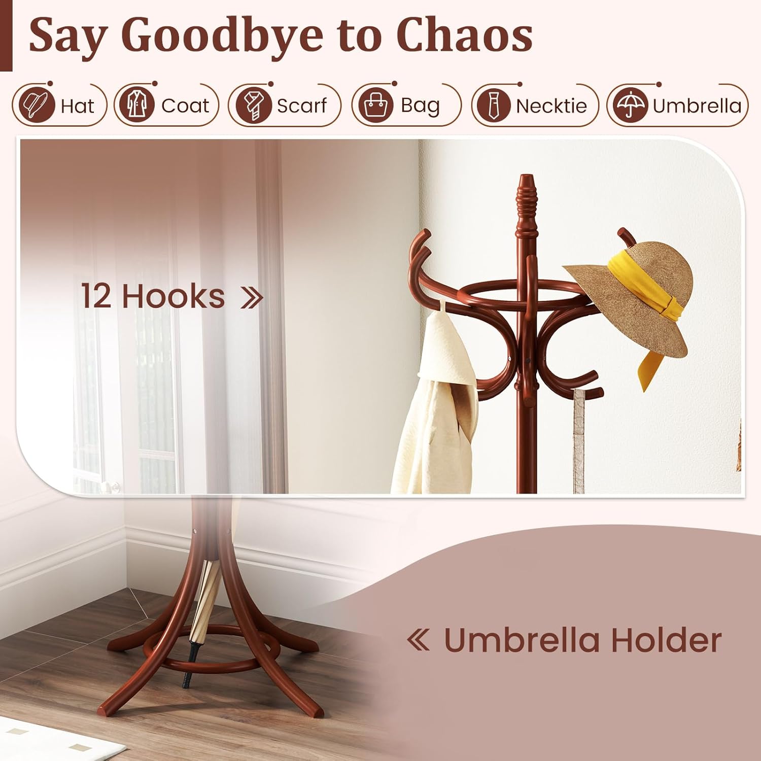 DORTALA coat rack with 12 hooks and an umbrella holder, demonstrating its capacity for various items like hats, coats, scarves, bags, and umbrellas.