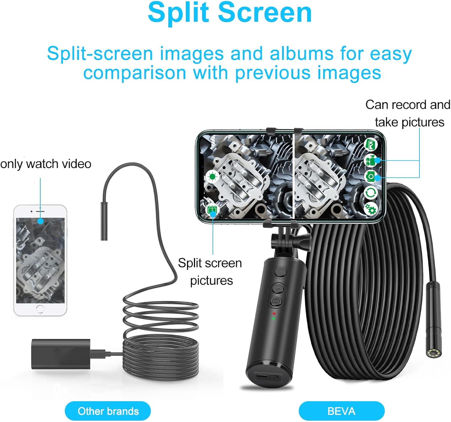 Comparison of BEVA endoscope with split-screen feature versus another brand showing only video.