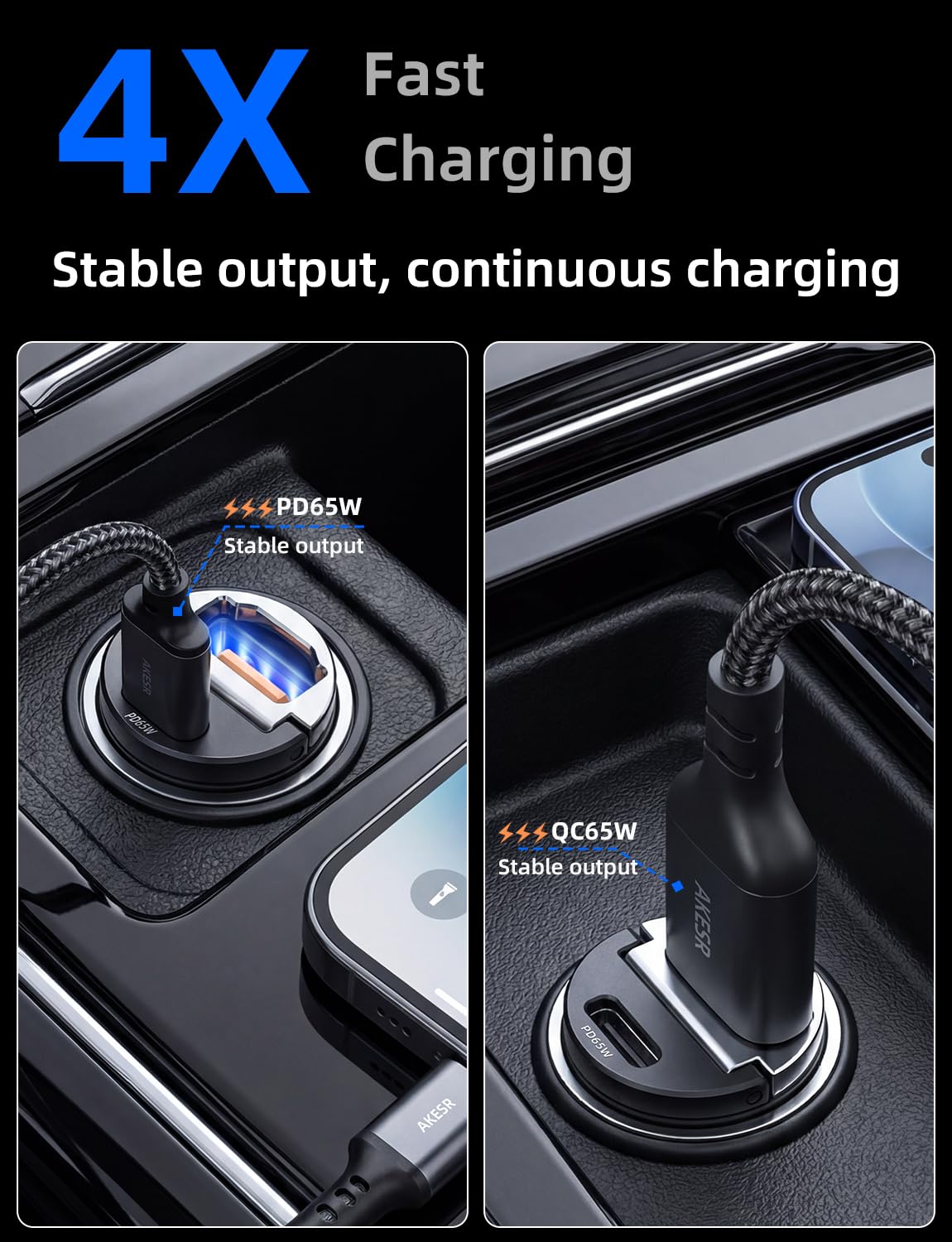 AKESR Cargador de coche de perfil bajo de 65 W, carga rápida USB C de 12 V y 24 V | Para iPhone/17/16/15/14/13 Samsung S25 S24 S23Google Android