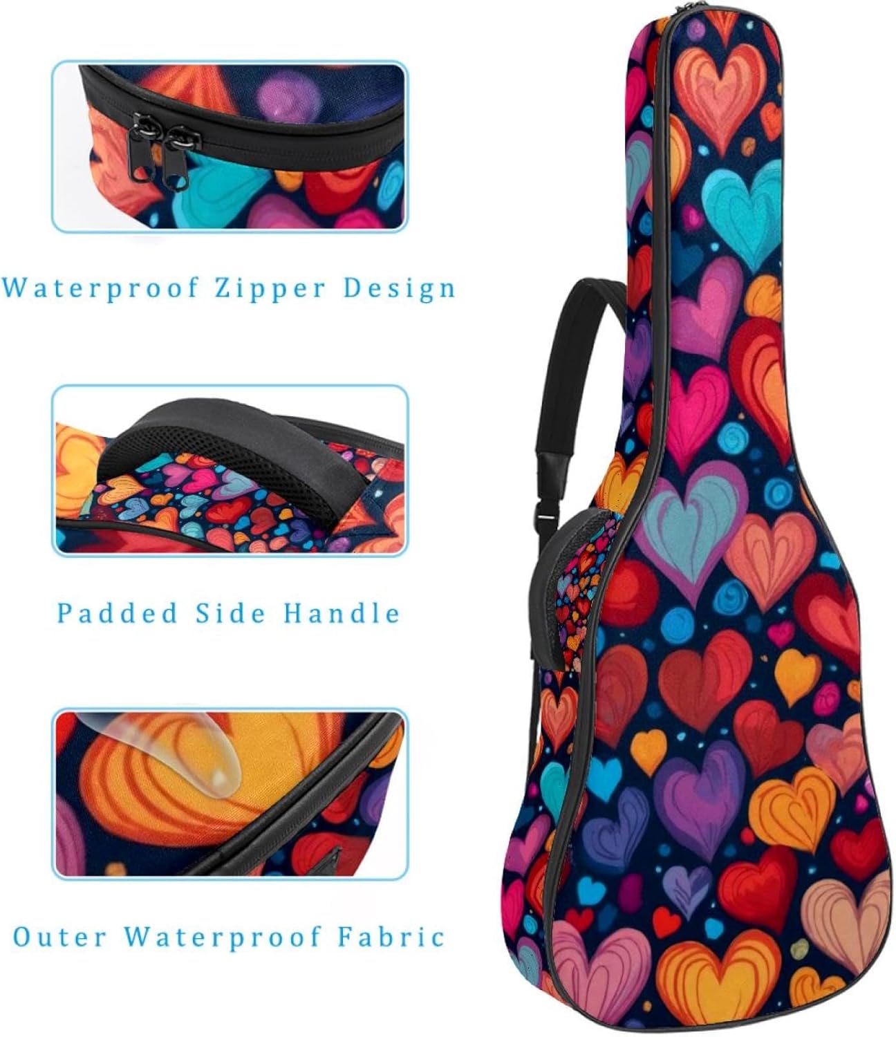 40 41 42 Inch Guitar Bags, Waterproof Padded Acoustic Guitar Case Backpack with Adjustable Shoulder Strap & Pockets, Colorful Love Hearts Seamless