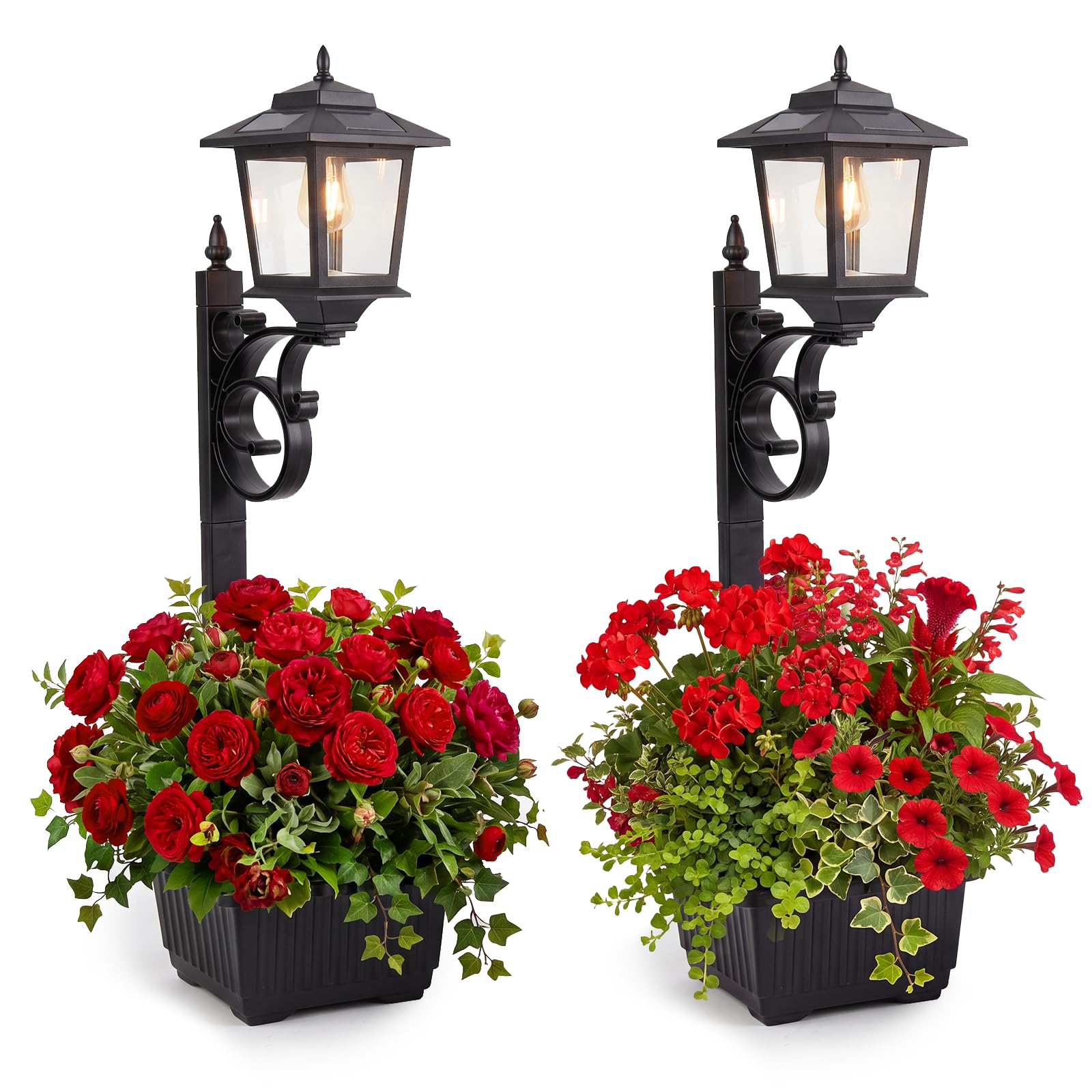 2 Pack Solar Lamp Post Light with Planter, 2 in 1 Outdoor Flower Pots, 3000K Solar Lamps Outdoor Waterproof, Wall Mount or Freestanding for Garden, Patio, Yard, Front Porch(Flowers not Included)