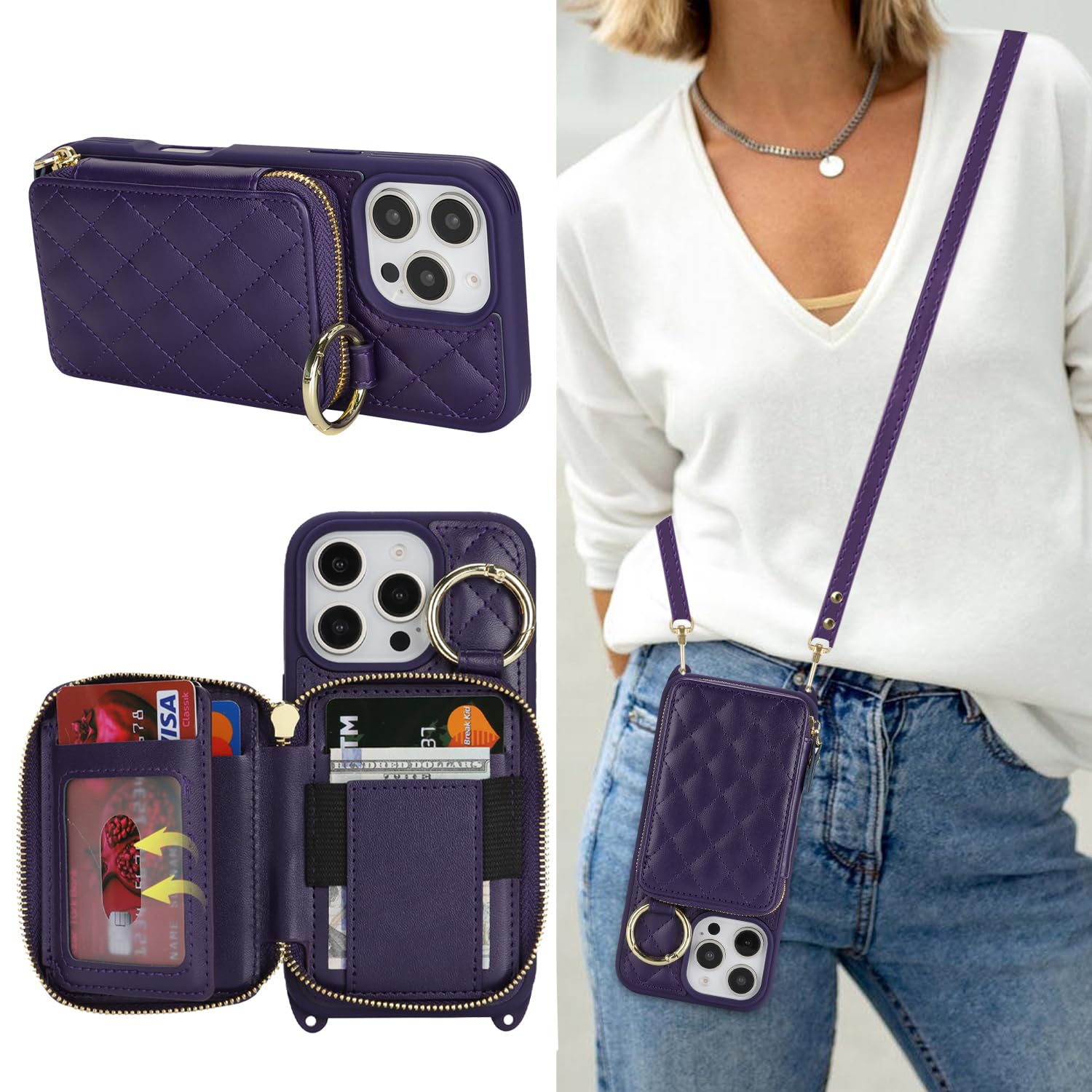Crossbody Wallet Case for iPhone 16 Pro-Purple