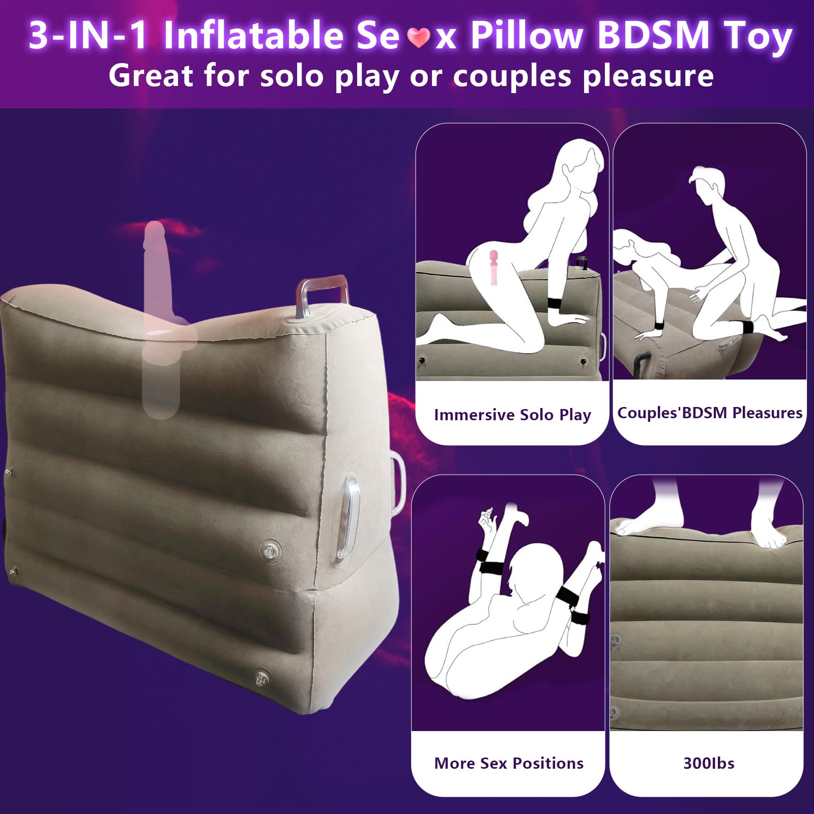 Coussin Gonflable Sexuel avec Support pour Godemiché, Coussin de Position Sexuelle avec Kit BDSM | Multifonctionnel | Menottes*4 & élastiques*2, Accessoire Portable pour l'Intérieur &l'Extérieur