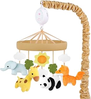 PIIKAGO Safari Animals Baby Crib Mobile with 12 Lullabies - Forest Nursery Decor, Rotating Plush Toys for Boys & Girls, Fits Standard Cribs