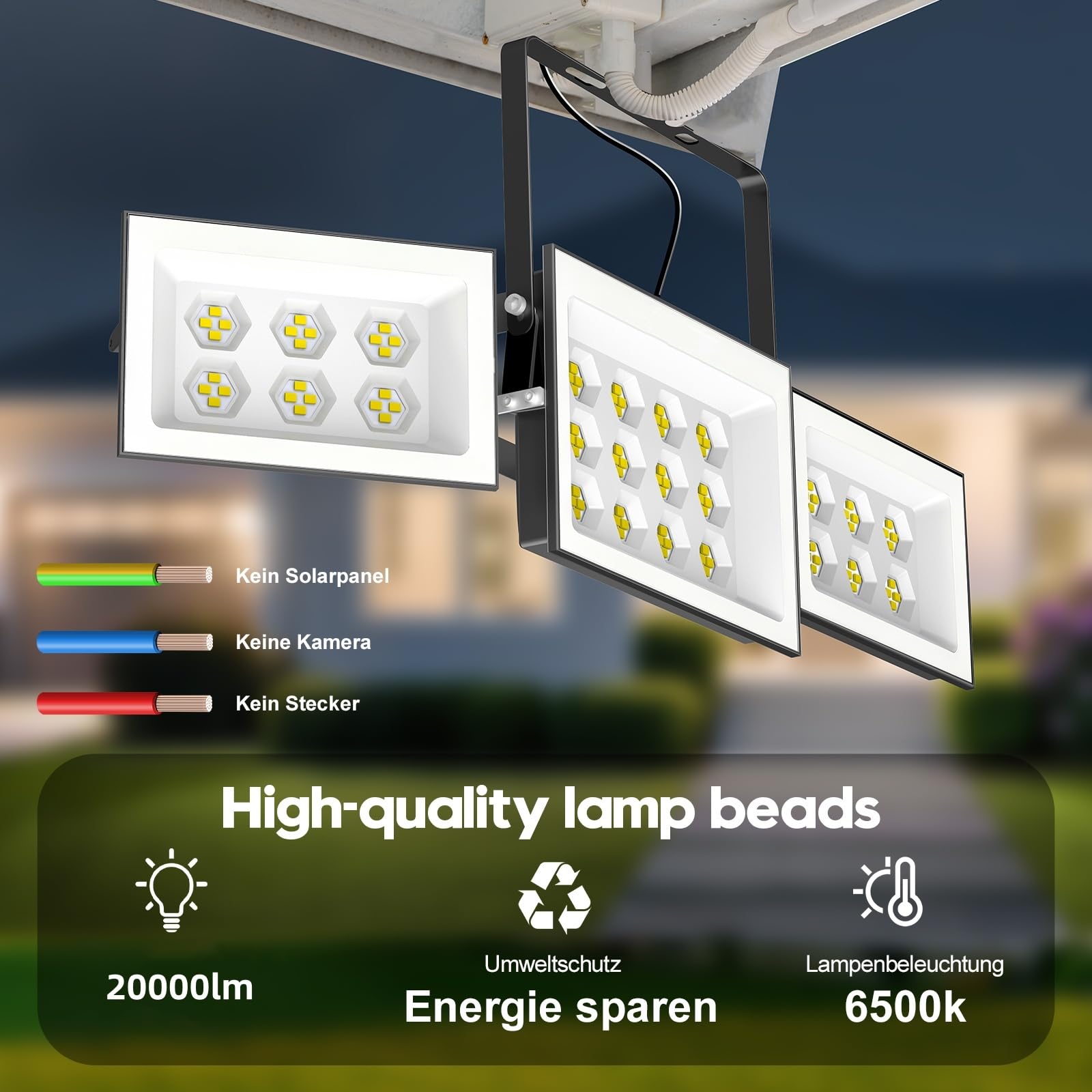papasbox Reflektor zewnętrzny LED, 200 W, do ogrodu, garażu, na boisko sportowe