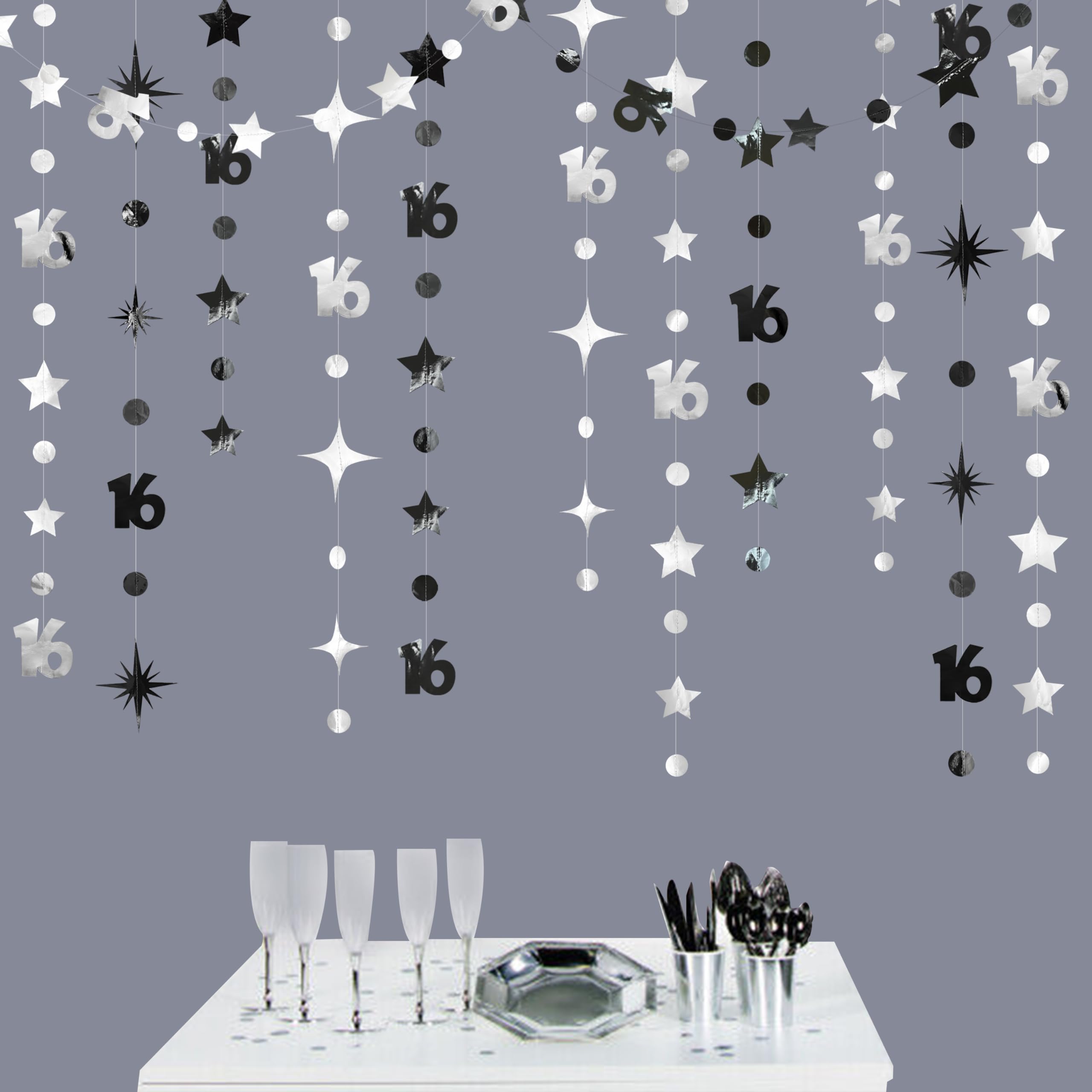 Silver Black 16th Birthday Decorations Number 16 Circle Dot Twinkle Star Garland Banner Backdrop for Girls Boys Happy 16th Birthday Sweet Sixteen 16th