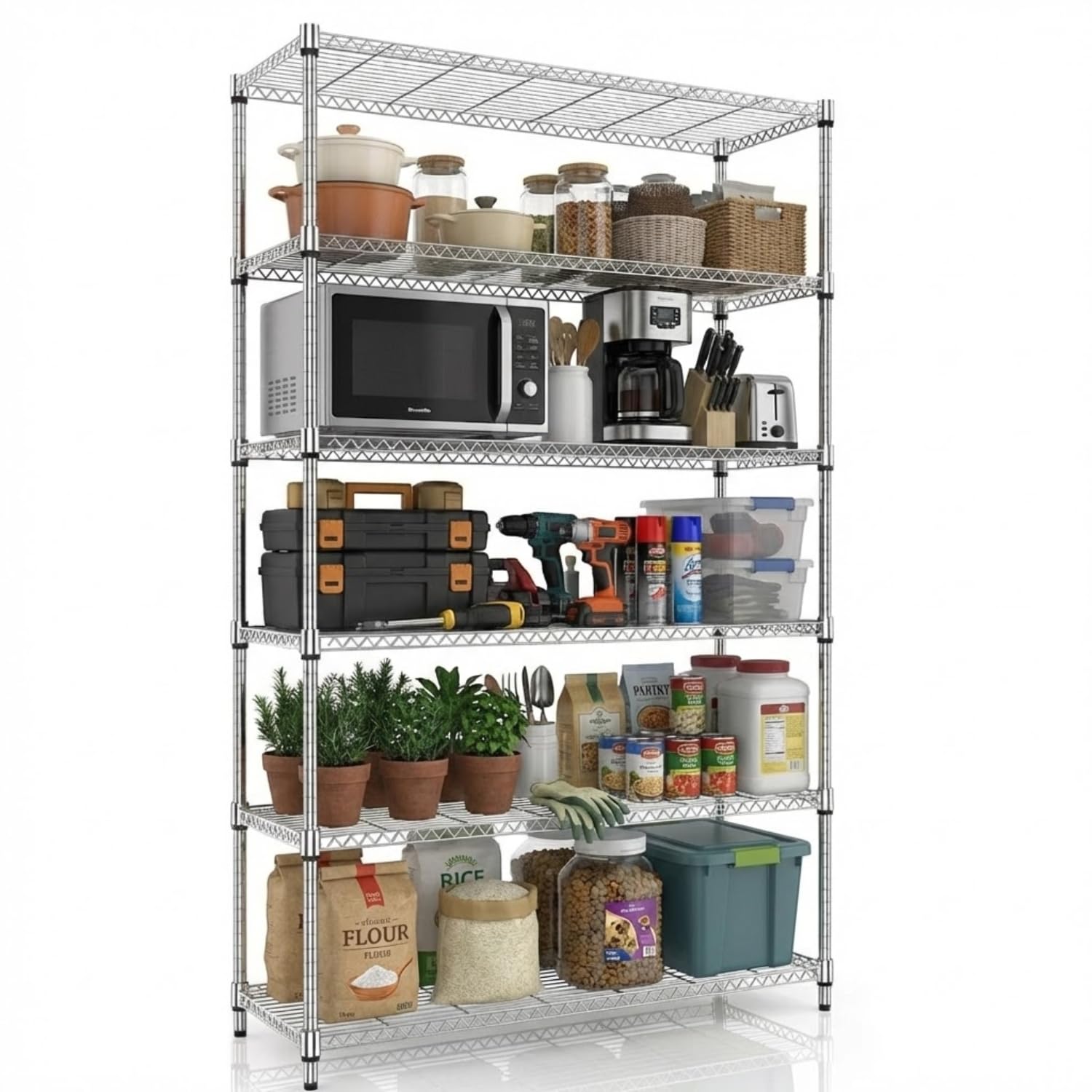 STORACK 6 Tier Commercial Storage Rack for Warehouse, Pantry & Bulk Home Organization | Extra Tall Heavy Duty Chrome Shelving Unit | Adjustable Utility Shelf Stand | 600 KG Capacity | 182 CM Height