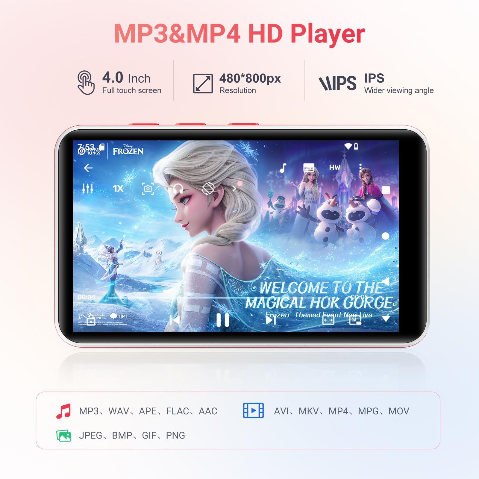 192GB Lettore MP3 con Bluetooth e WiFi, Android 13.0, RAM:4GB, 4,0" HD Schermo Tattile MP4 Lettore con Altoparlante, Portatile Spotify Lettore con Play Store (Bianco + Rosso)