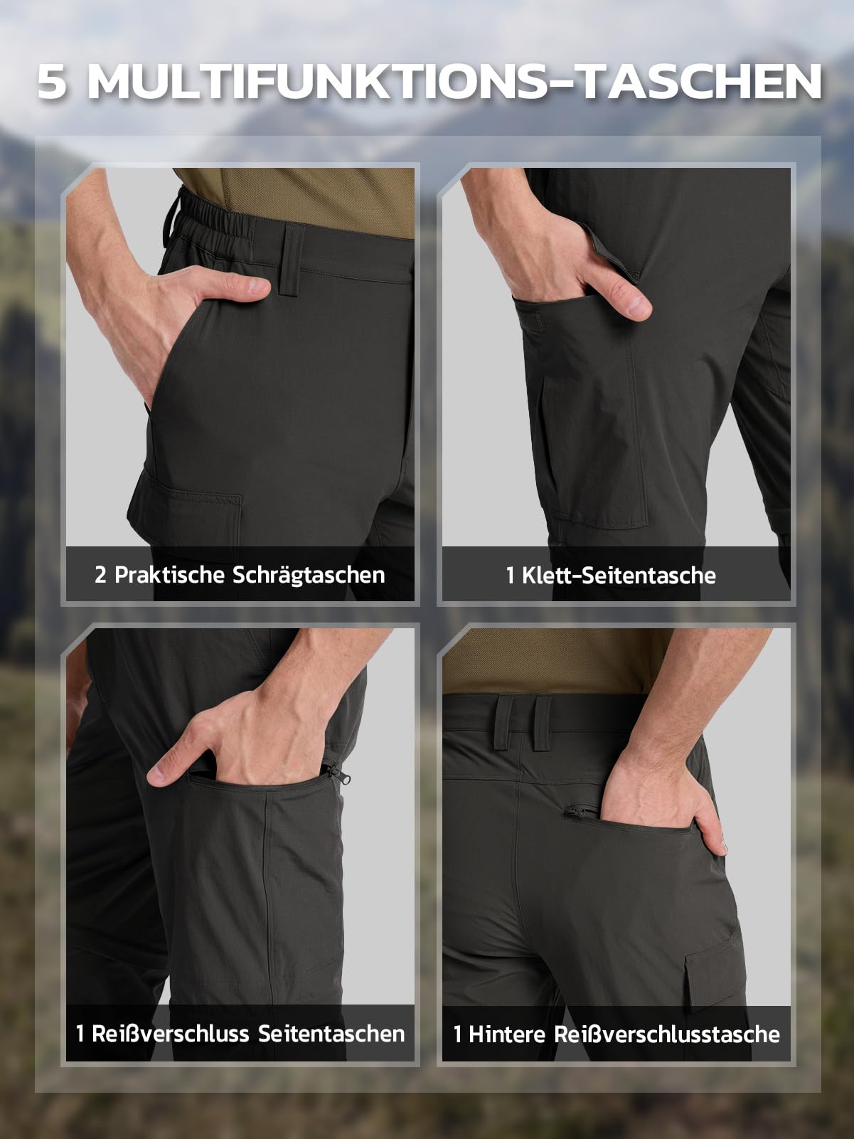Hiauspor Męskie spodnie outdoorowe z zamkiem błyskawicznym, na lato, lekkie spodnie trekkingowe, oddychające, szybkoschnące, funkcyjne, softshell z 5 głębokimi kieszeniami