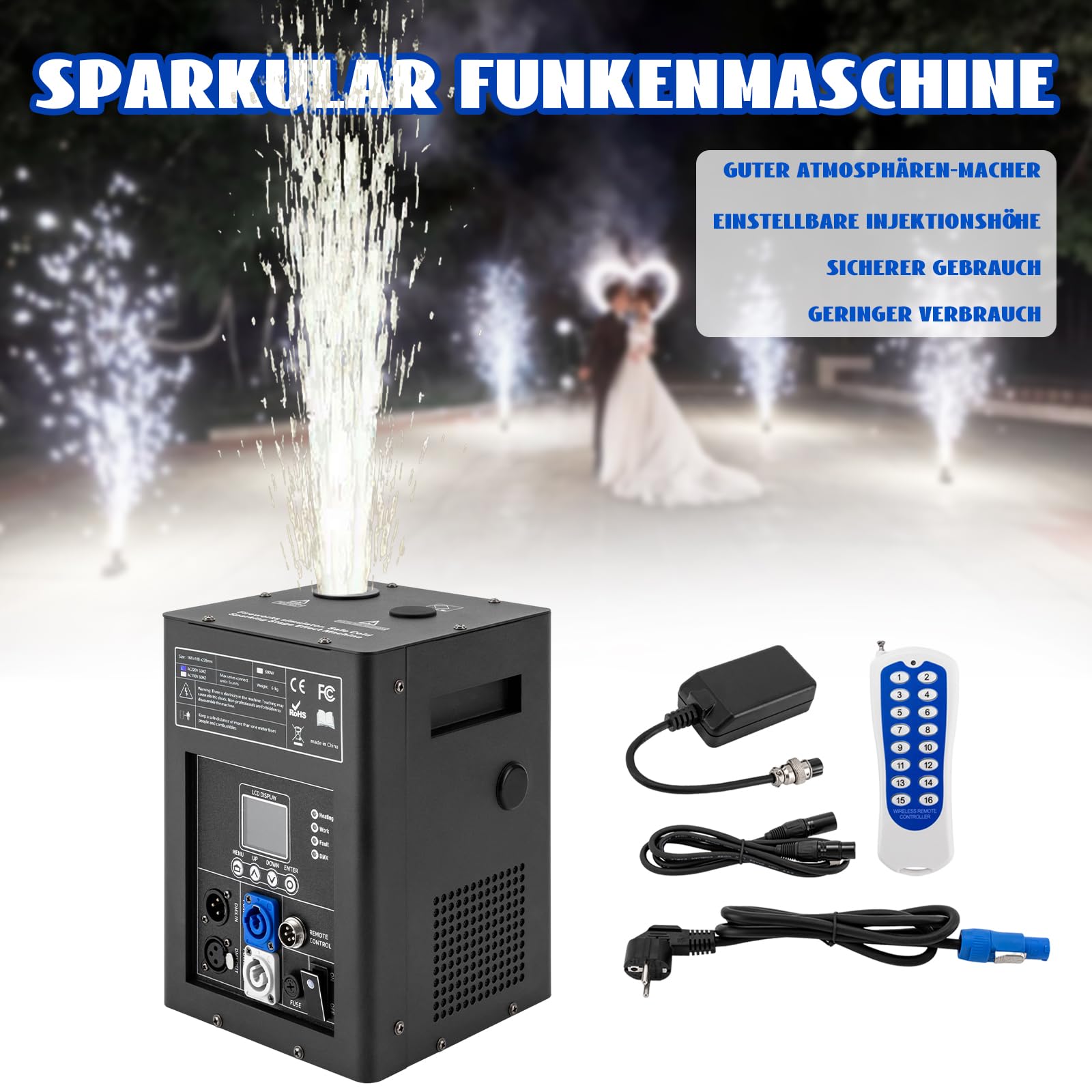 Bühneneffektmaschine 600W DMX Funkenmaschine | Drahtlose Fernbedienung | Schwarzes Metall | 2-5M Sprühhöhe | für Hochzeit, Party | Deutsche Anleitung