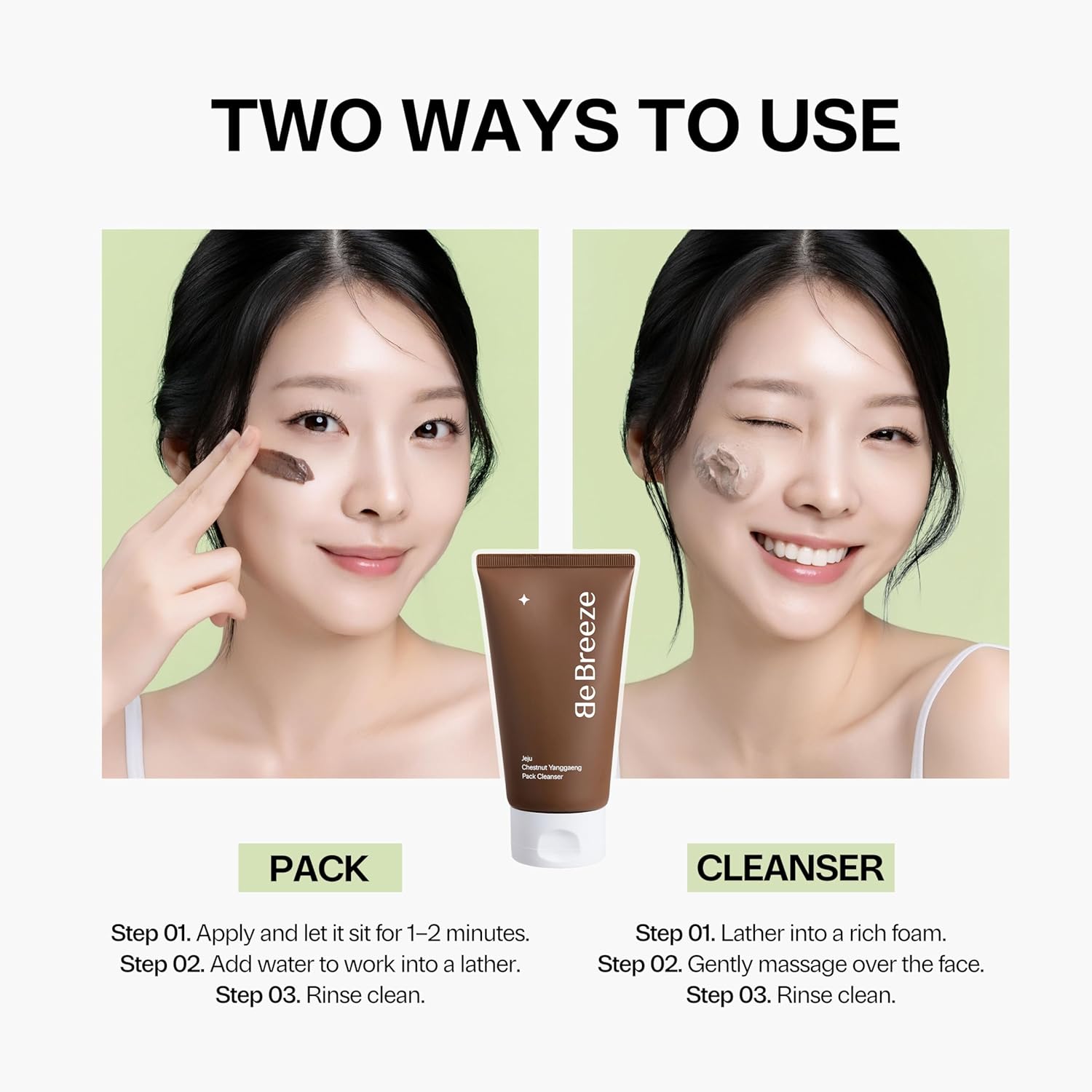 Jeju Chestnut Yanggaeng Pack Cleanser – 3-in-1 K-Beauty Facial Pack & Amino Acid Foam Cleanser with Chestnut Shell Extract, Totarol, Red Bean & PHA/LHA – 4.23 oz