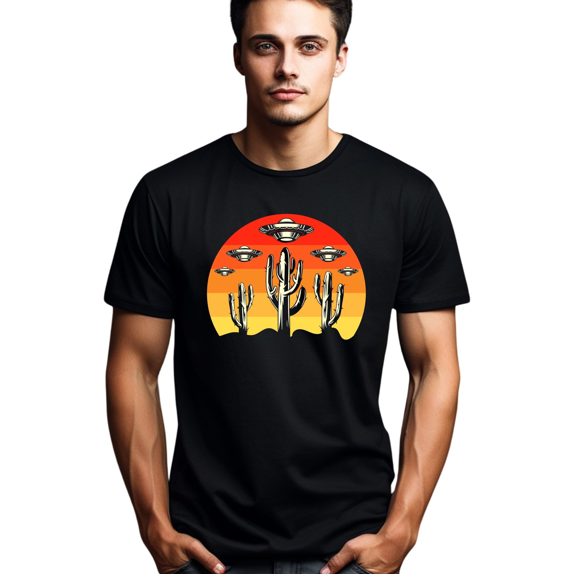 Seek Buy LoveUFO Desert Scene T-Shirt, Alien Sunset Graphic Tee, Sci-Fi Cactus Unisex Shirt, Extraterrestrial Apparel