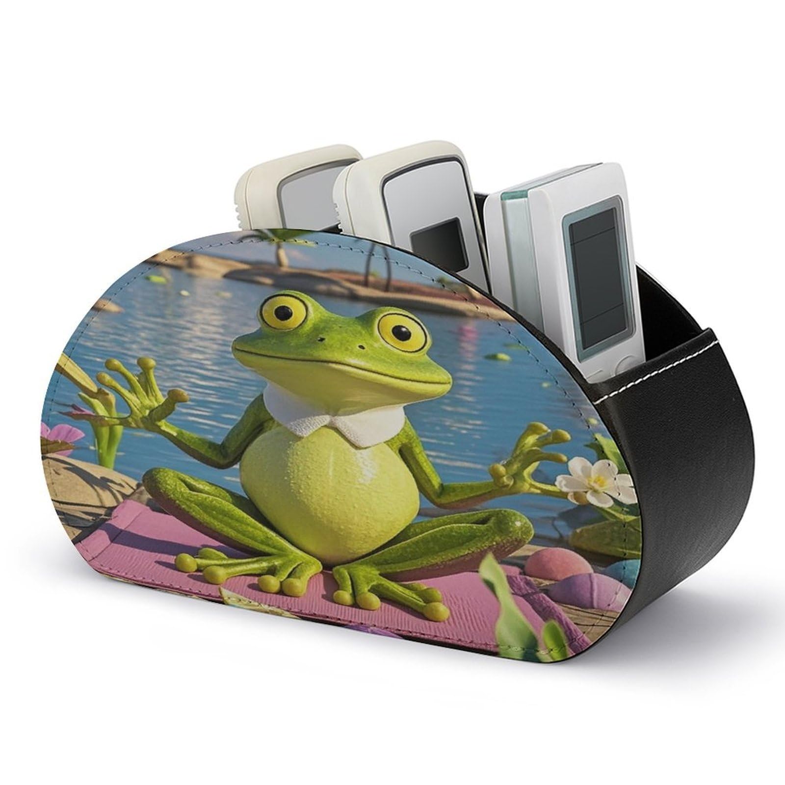 FekiLoot Leather TV Remote Control Holder with 5 Compartments Multifunctional TV Remote Holder Bedside Table Remote Caddy Storage Box Funny Yoga Frog Remote Organizer for Home Office
