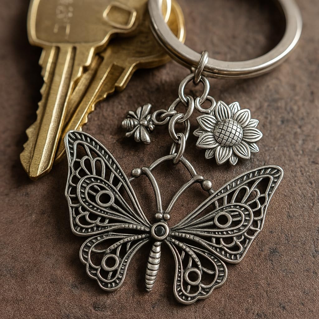 Vintage Butterfly Keychain - Antique Silver Floral Key Chains for Women, Rustic Bee & Flower Bag Charms, Boho Gift - Image 3