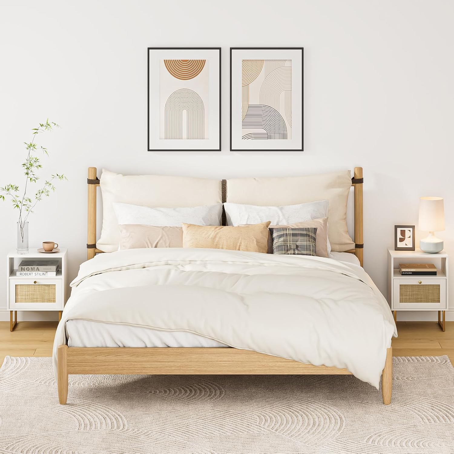 Rattan Nightstand, Boho Night Stand Farmhouse Wood Bedside Table with Storage and Open Shelf, End Side Accent Table for Bedroom,Living Room,White