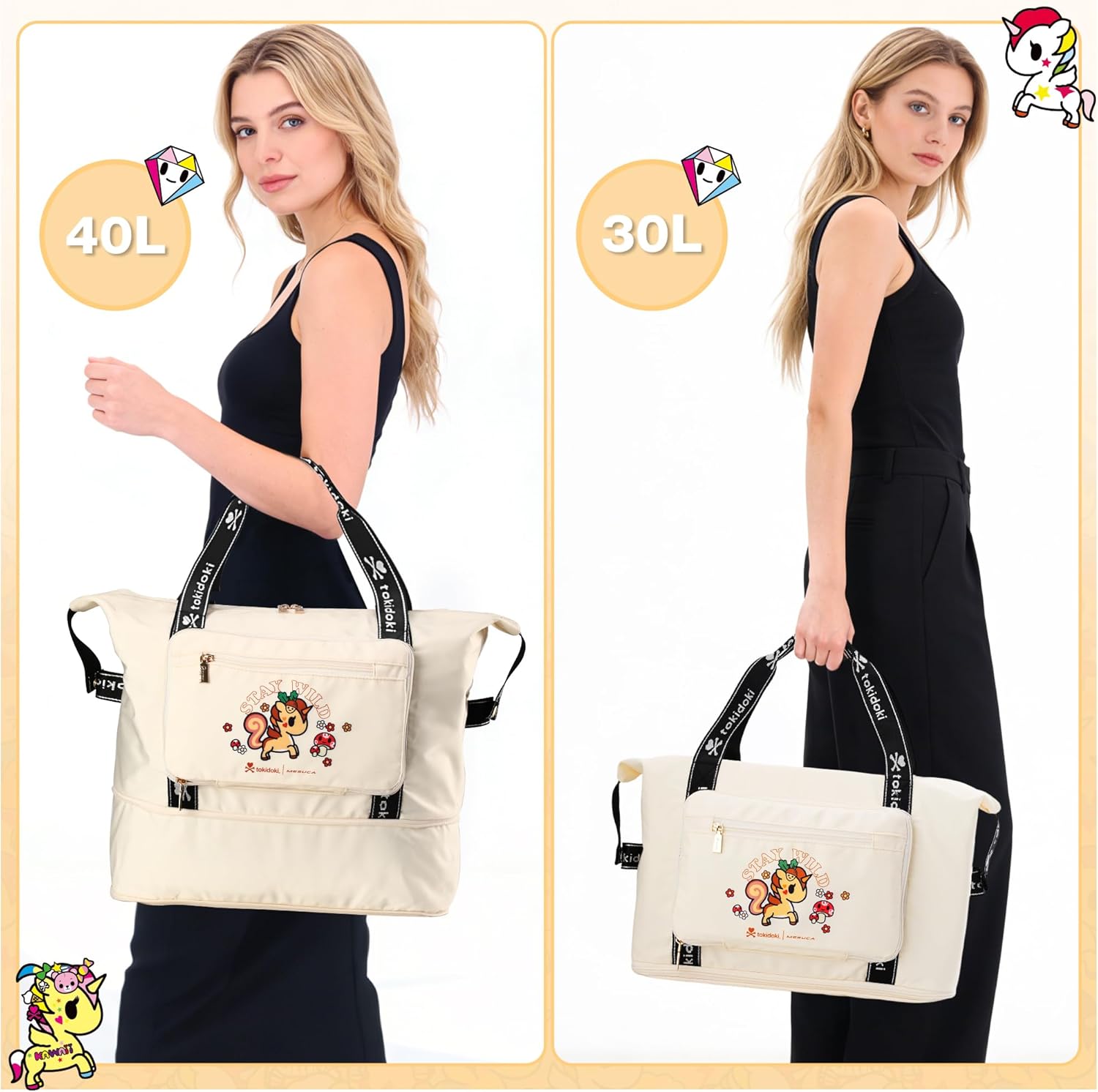 Tokidoki Duffle Bag 40L Large Capacity Travel Bags Expandable Unicorno Travel Bags Luggage Bag for Women Sports Gym Vacation-Official Licensed (unicorno cheeky)