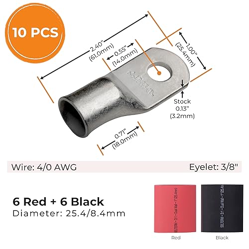 Miniatura 455 de SELTERM - Terminal en anillo de grado marino UL 2/0 AWG 3/8 pulgadas (25 uds) para batería, terminal tubular de cable eléctrico, conector calibre
