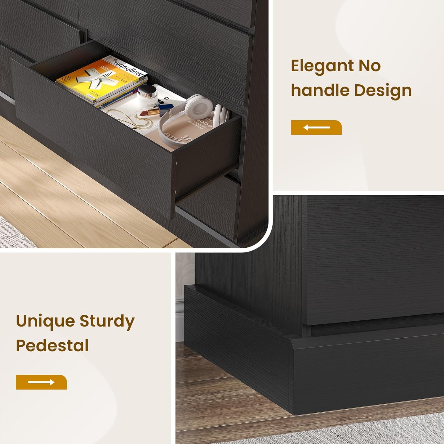 DICTAC 8 Drawers Dresser for Bedroom, Black Large Chest of Drawers, Long Modern Double Dressers, Big Clothing Storage Organizer Closet with Ample Space, 51.6''L x 15.7''D x 37.7''H