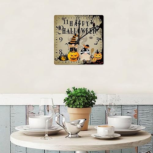 Miniatura 10 de Reloj de pared de madera, feliz Halloween, bosque medieval, calabaza, gnomos, telaraña, murciélago, reloj de pared de madera, funciona con pilas,