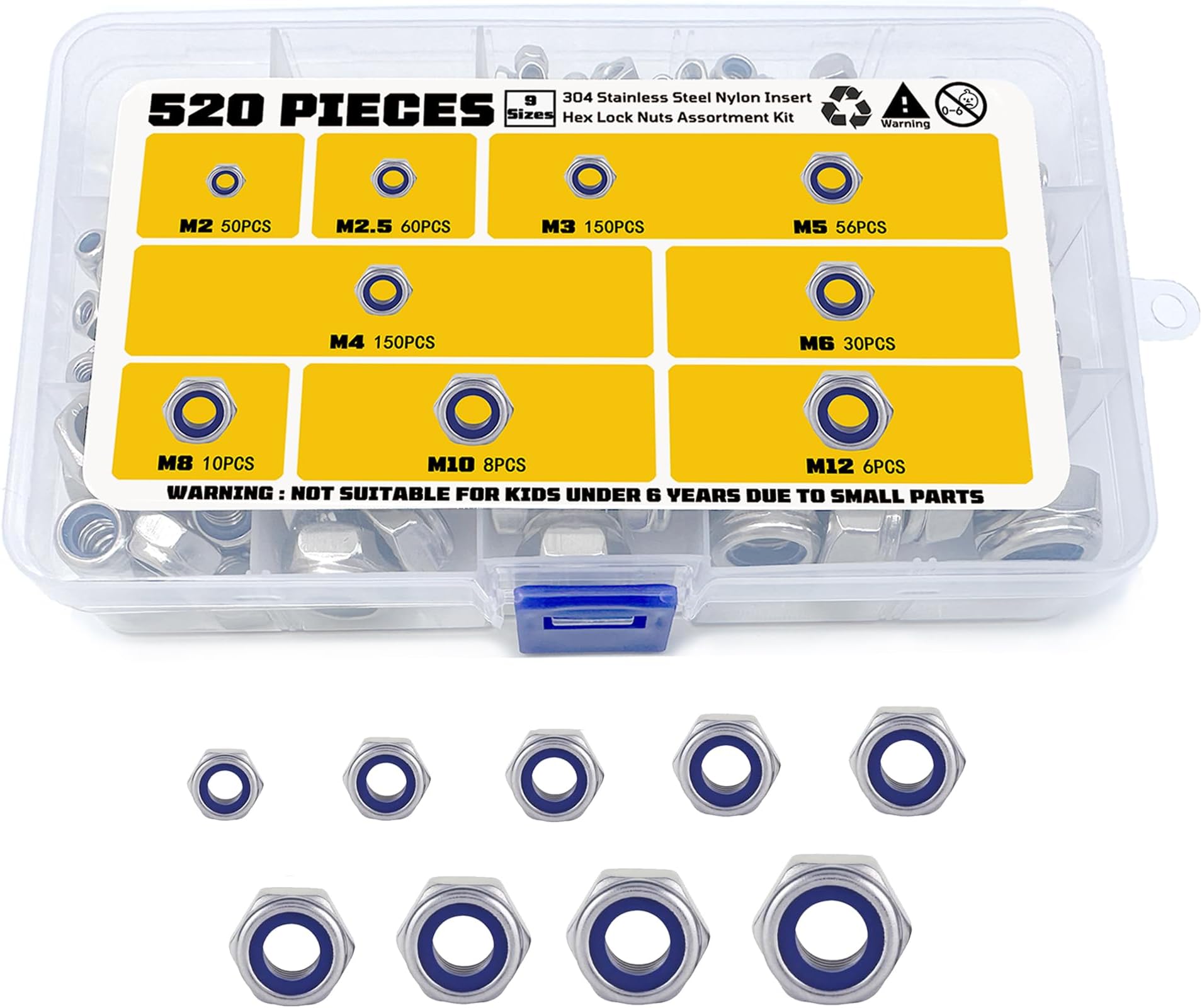 Locknuts Assortment Kit,M2 M2.5 M3 M4 M5 M6 M8 M10 M12 520PCS Metric Nylon Insert Lock Nuts Set,304 Stainless Steel (520, Silver, Lock Nuts Assortment Kit)