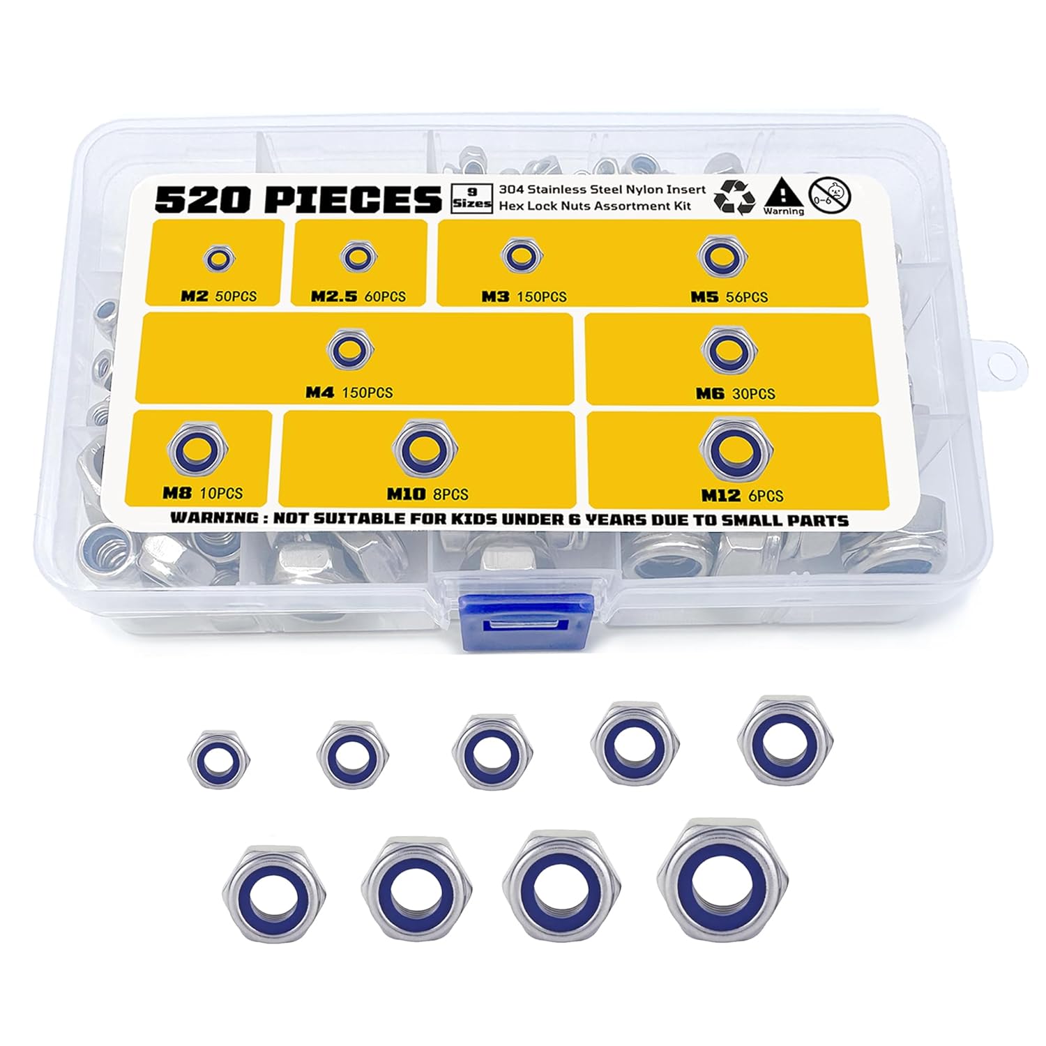 520 Pcs Metric Nylon Insert Locknuts Assortment Kit,M2 M2.5 M3 M4 M5 M6 M8 M10 M12 Nylock Nuts Sets,304 Stainless Steel Standard Threaded Hex Nut Nylock Nut Sets