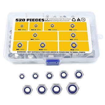 520 Pcs Metric Nylon Insert Locknuts Assortment Kit,M2 M2.5 M3 M4 M5 M6 M8 M10 M12 Nylock Nuts Sets,304 Stainless Steel Standard Threaded Hex Nut Nylock Nut Sets
