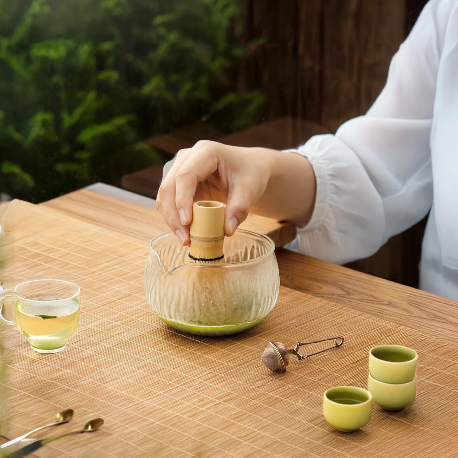2-częściowy zestaw misek do matcha z wylewką, szklany zestaw chawan z młotkowaną teksturą, nadają się do kuchenki mikrofalowej i zmywarki