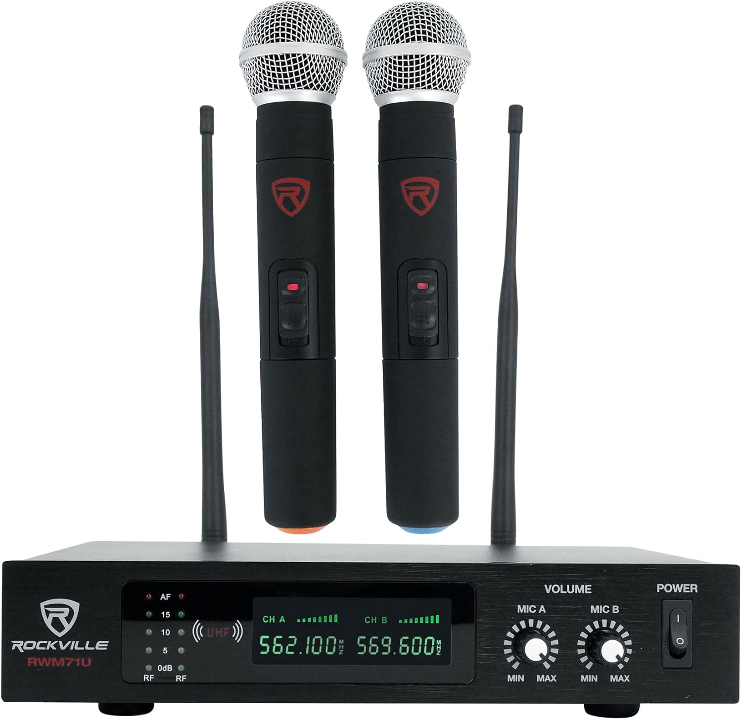 Rockville RWM71U Dual UHF Wireless Handheld Microphone System, Metal Receiver, 400ft Range, Auto Sync, LCD Display, XLR + 1/4" Output, Rubber-Coated Mics, for Live Performances and Presentations