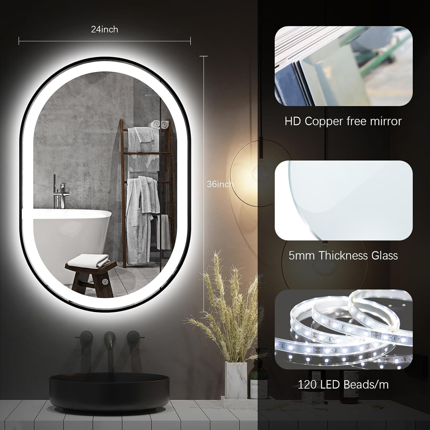 Image demonstrating the updated IP65 waterproof and anti-fog feature of the mirror, showing a clear central area while the rest of the mirror is fogged.