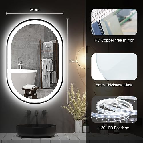 Miniatura 8 de Espejo de baño LED ovalado de 36 x 24 pulgadas, espejo de baño ovalado iluminado con marco negro, espejo inteligente antivaho con 3 colores