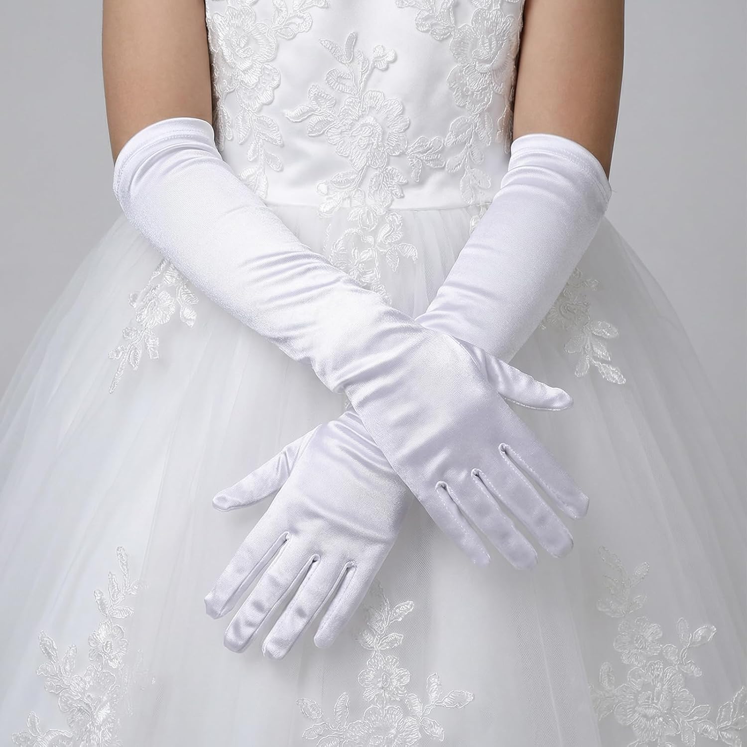 White Princess Gloves for Little Girls Kids White Long Satin Gloves Princess Dress Up Glove for First Holy Communion Halloween Birthday Wedding Costume Party Glove for 3 4 5 6 Year Old Toddler Girls