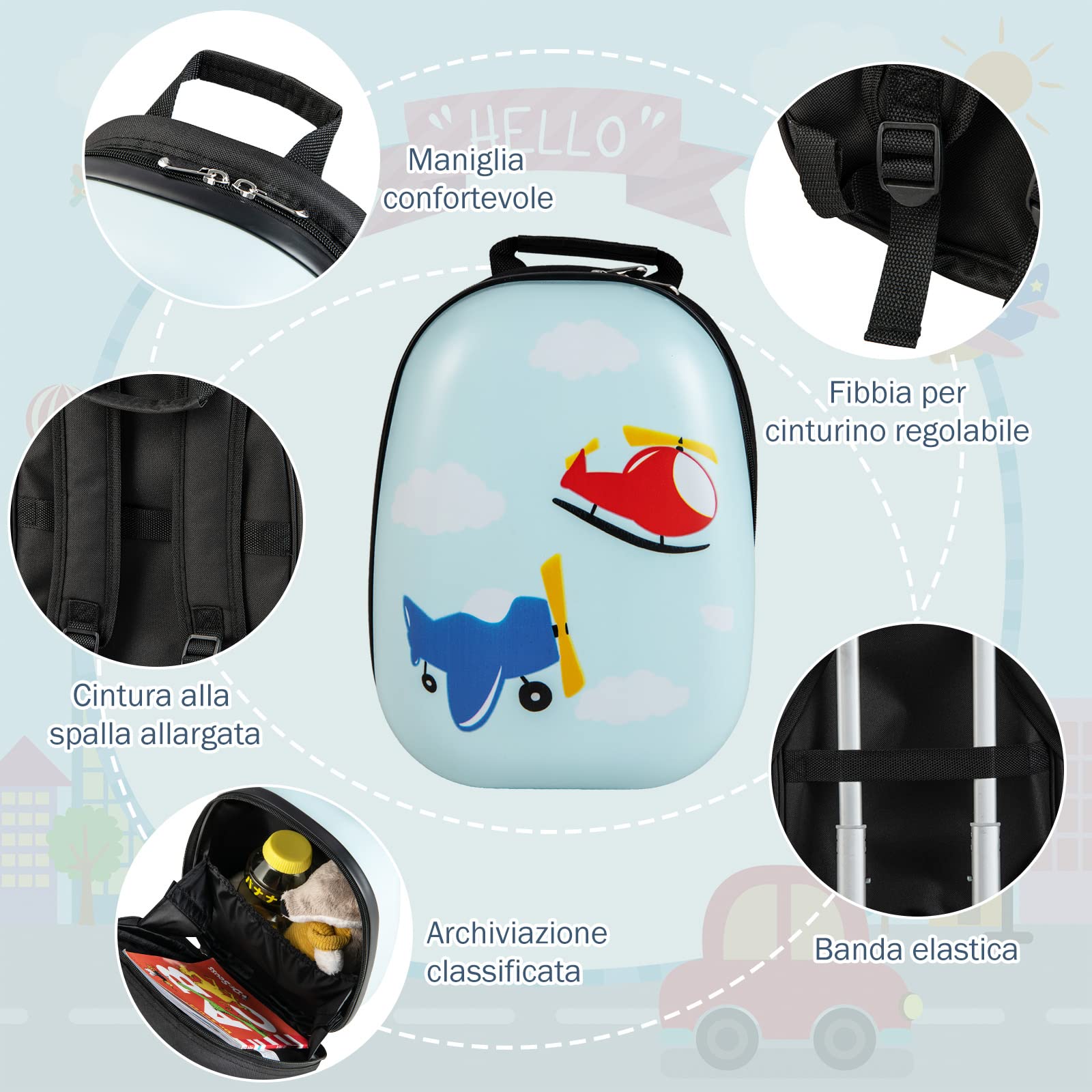 GYMAX Set di Valigia per Bambini, Trolley Bagaglio di 2 Pezzi a Mano Cavalcabile con Cinghia e Tracolla, Valigia Rigida con Ruote e Zaino, Regalo per Bambino e Bambina (12"+16", Aereo Auto)