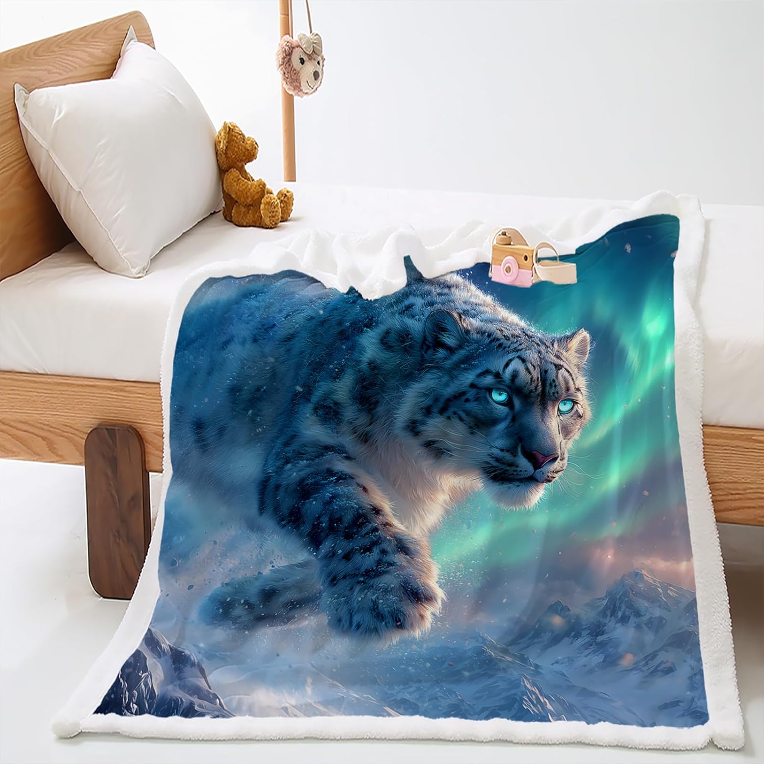 AILONEN 3D Snow Leopard Throw Blanket,Snow Mountain Northern Lights Animal Fleece Sherpa Blanket for Kids Teens,Wild Animal Themed Soft Cozy Warm Blankets, 59 x 47 Inches