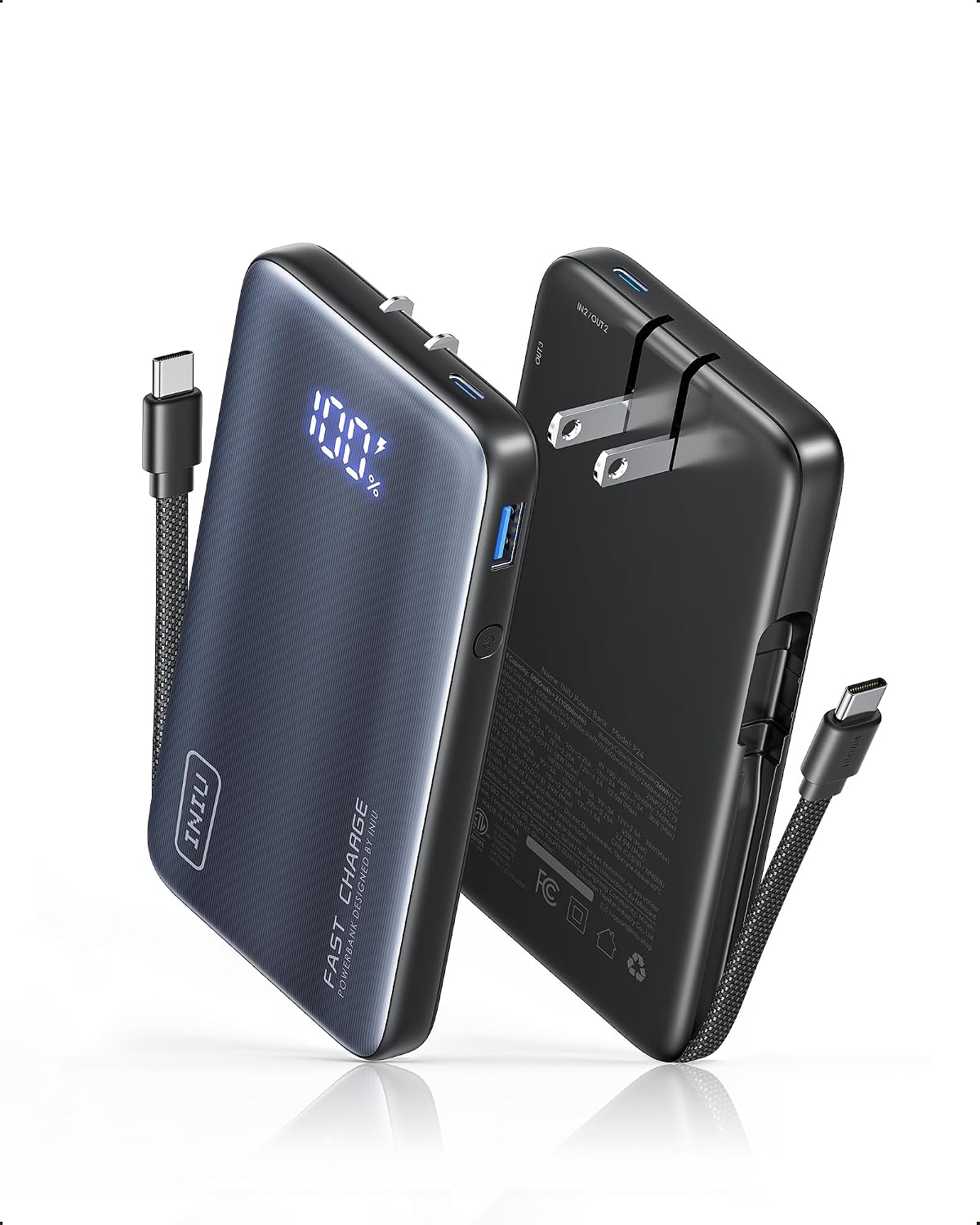 45W Fast Charging Portable Charger, 10000mAh with Built in Wall Plug | Slimmest, Built-in Wall Plug, USB-C Cable, GaN, Flight-Safe, 3 in 1 Power Bank for iPhone 18 17, Samsung, iPad etc